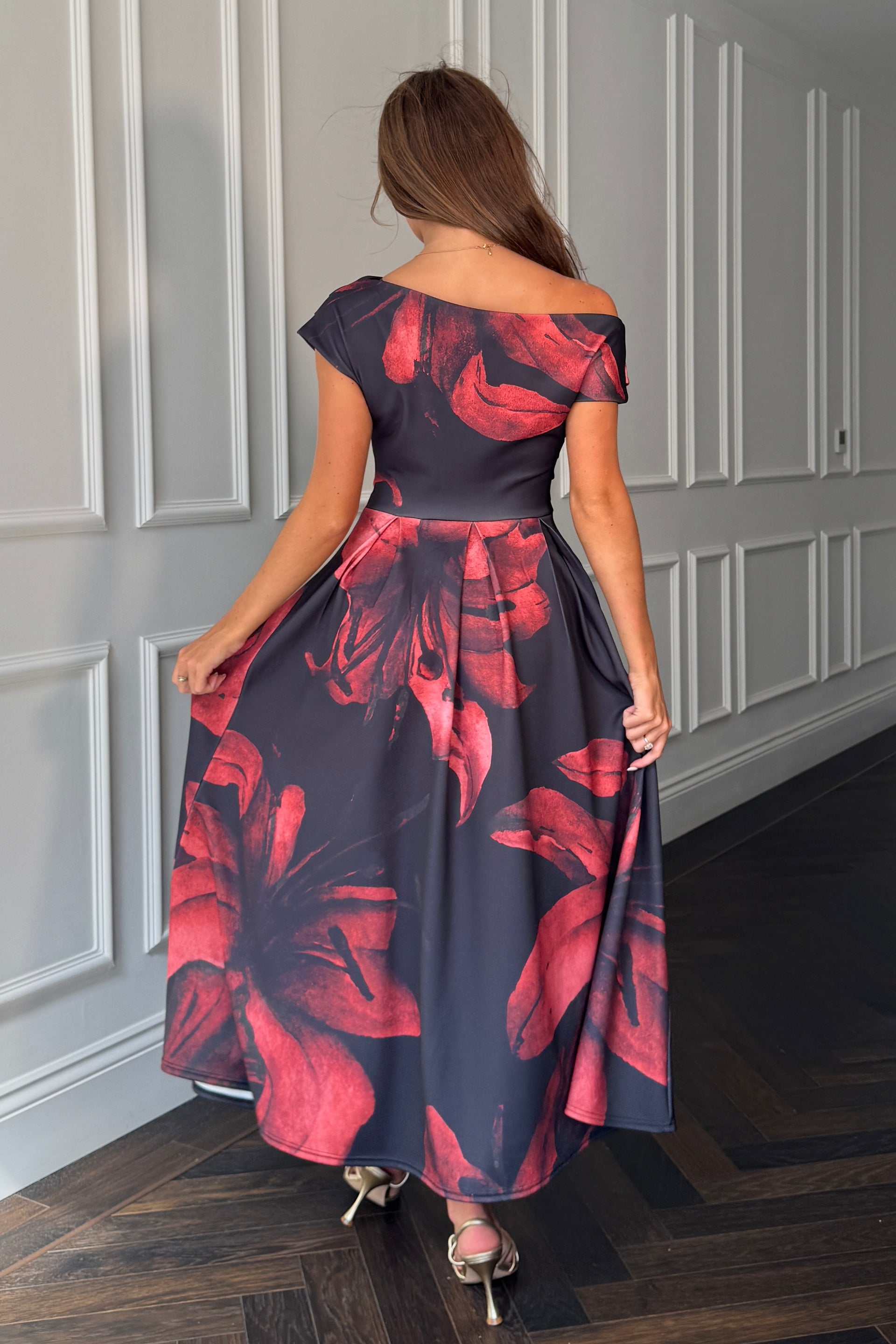Betty Asymmetric Neckline Skater Midi Black Floral