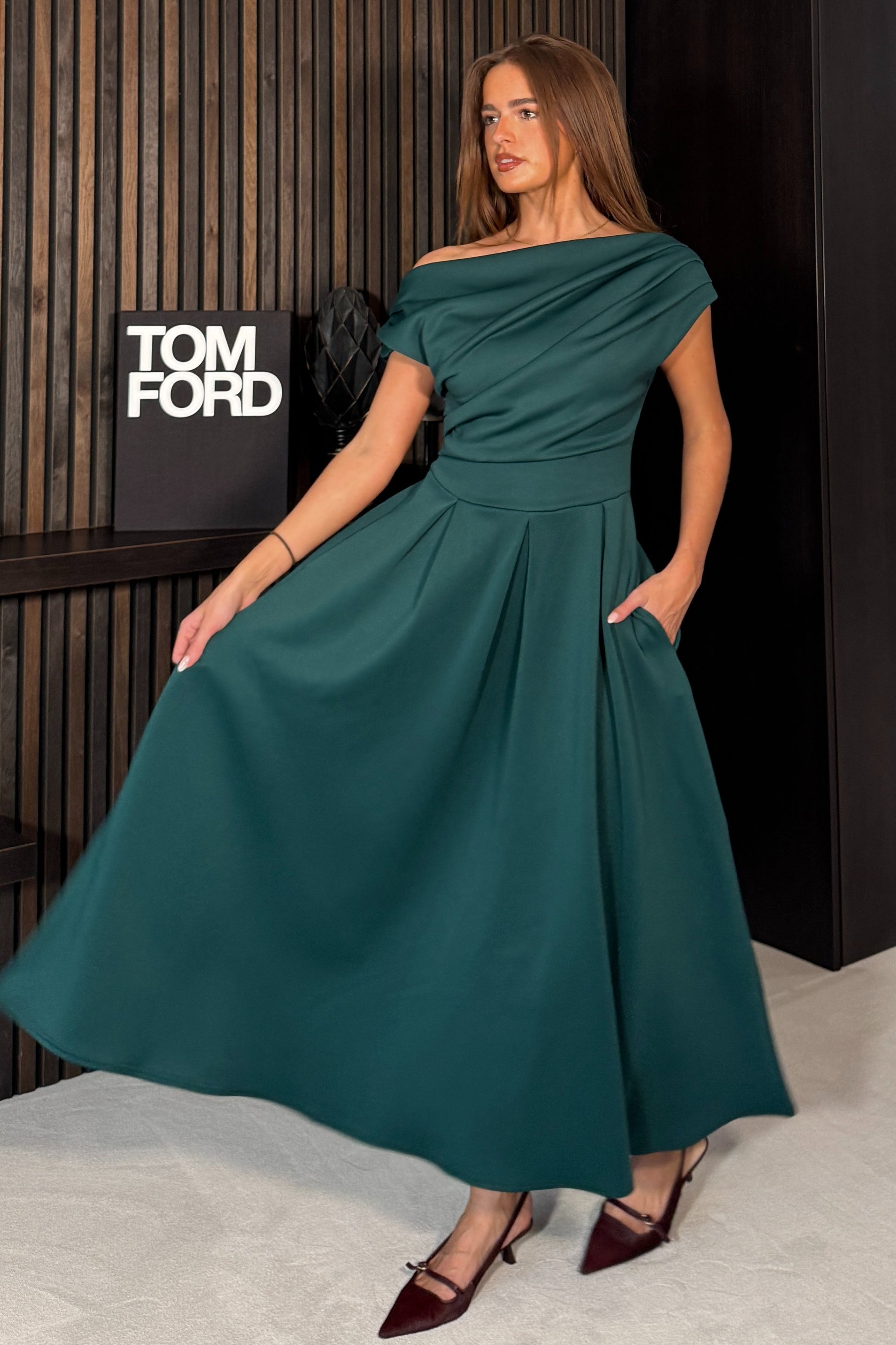 Betty Asymmetric Neckline Skater Midi Emerald