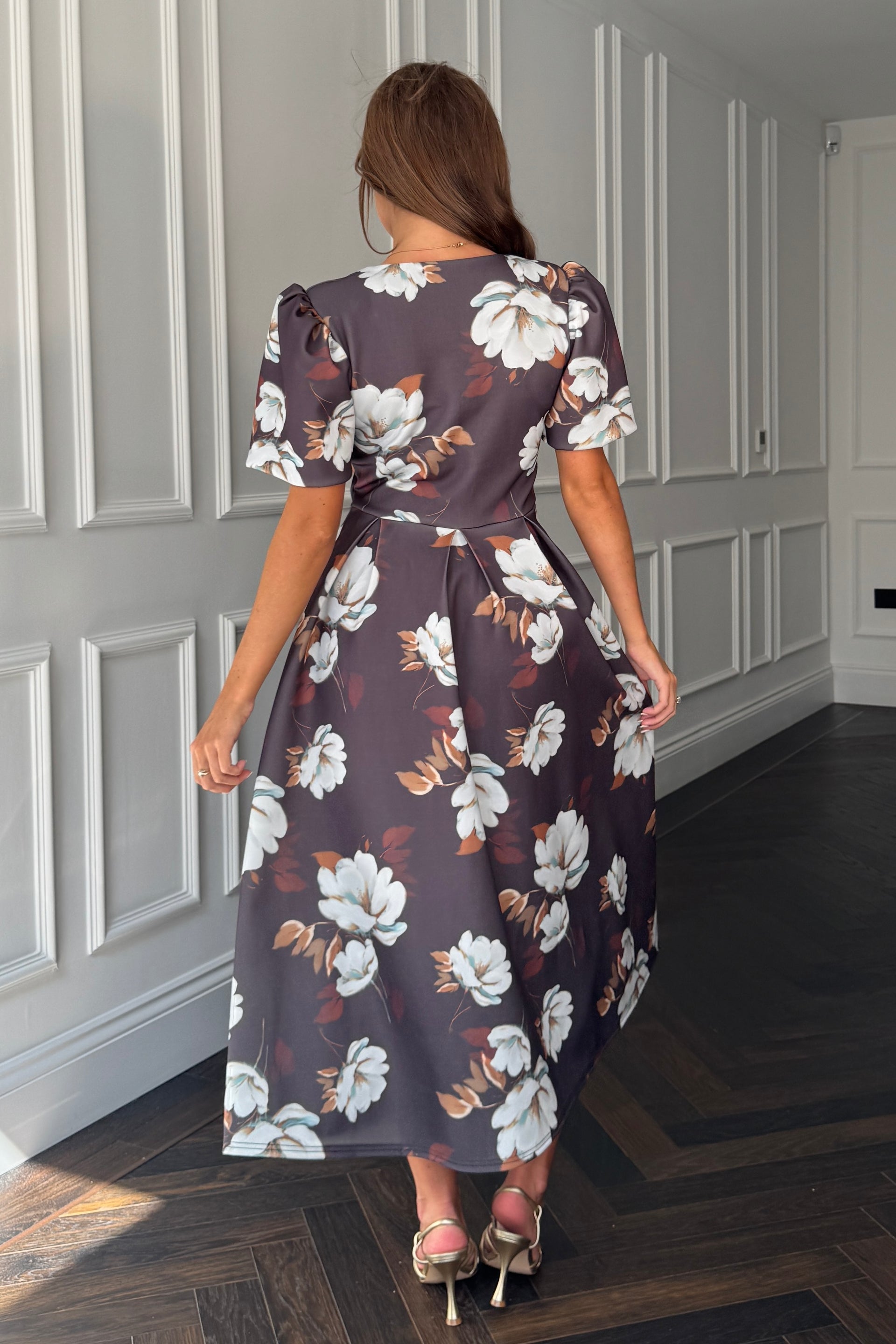 Elowin Statement Sleeve Skater Midi Dress Brown Floral