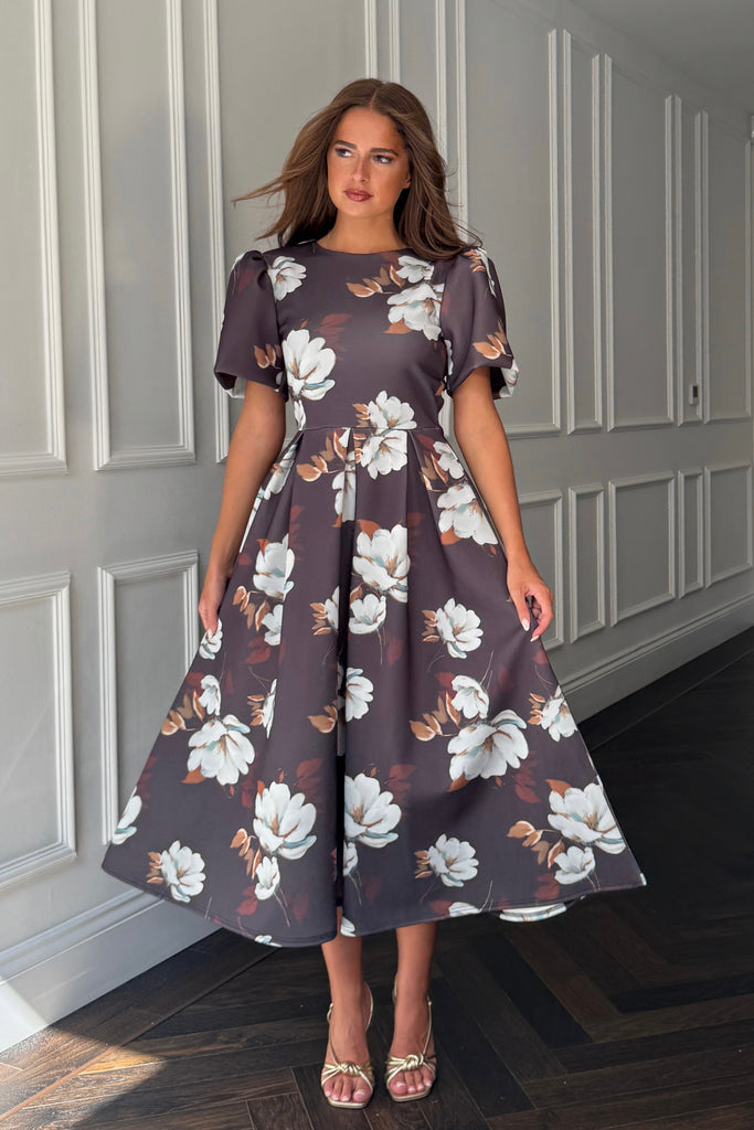 Elowin Statement Sleeve Skater Midi Dress Brown Floral – Girl In Mind