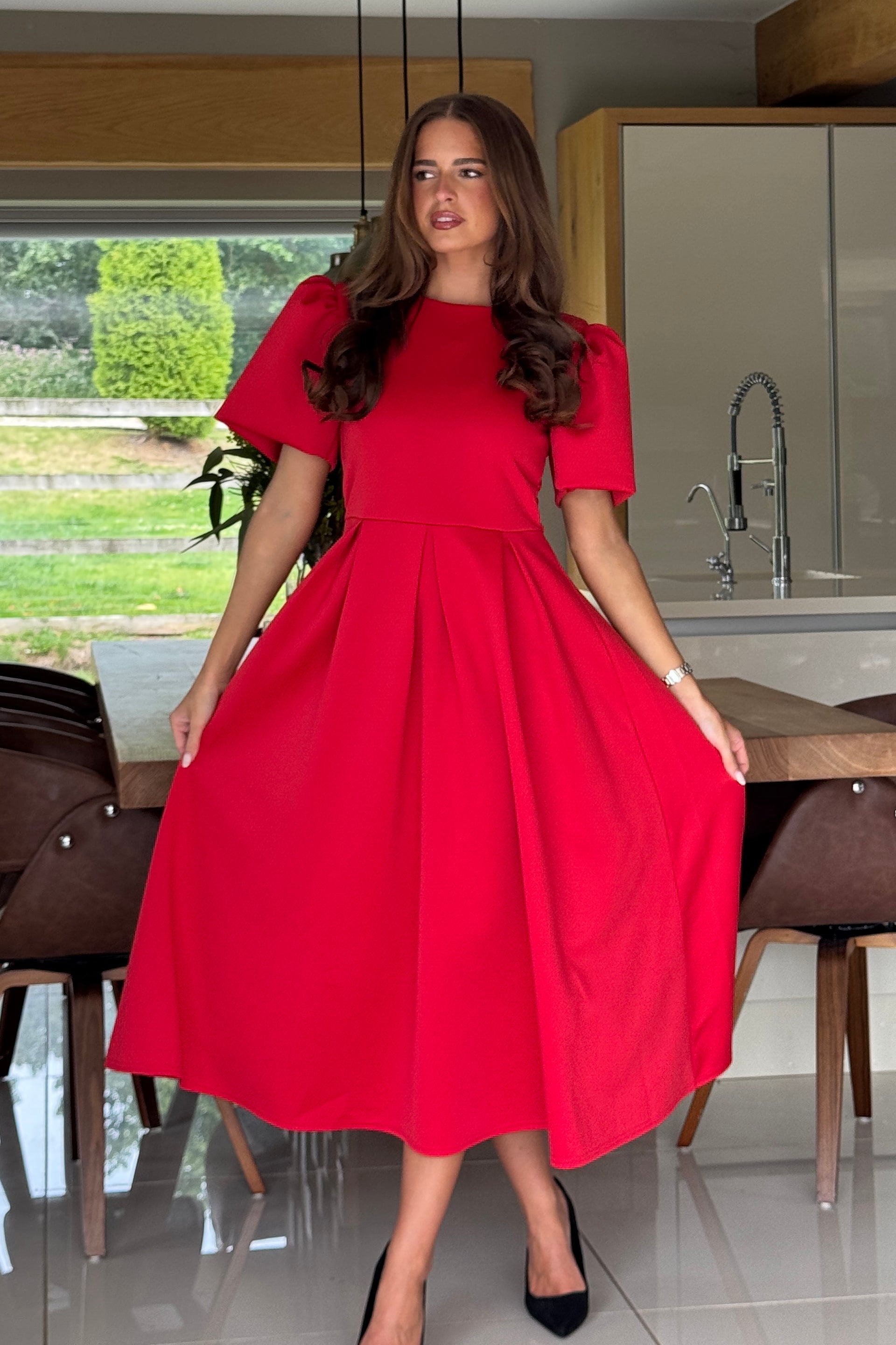 Elowin Statement Sleeve Skater Midi Dress Red
