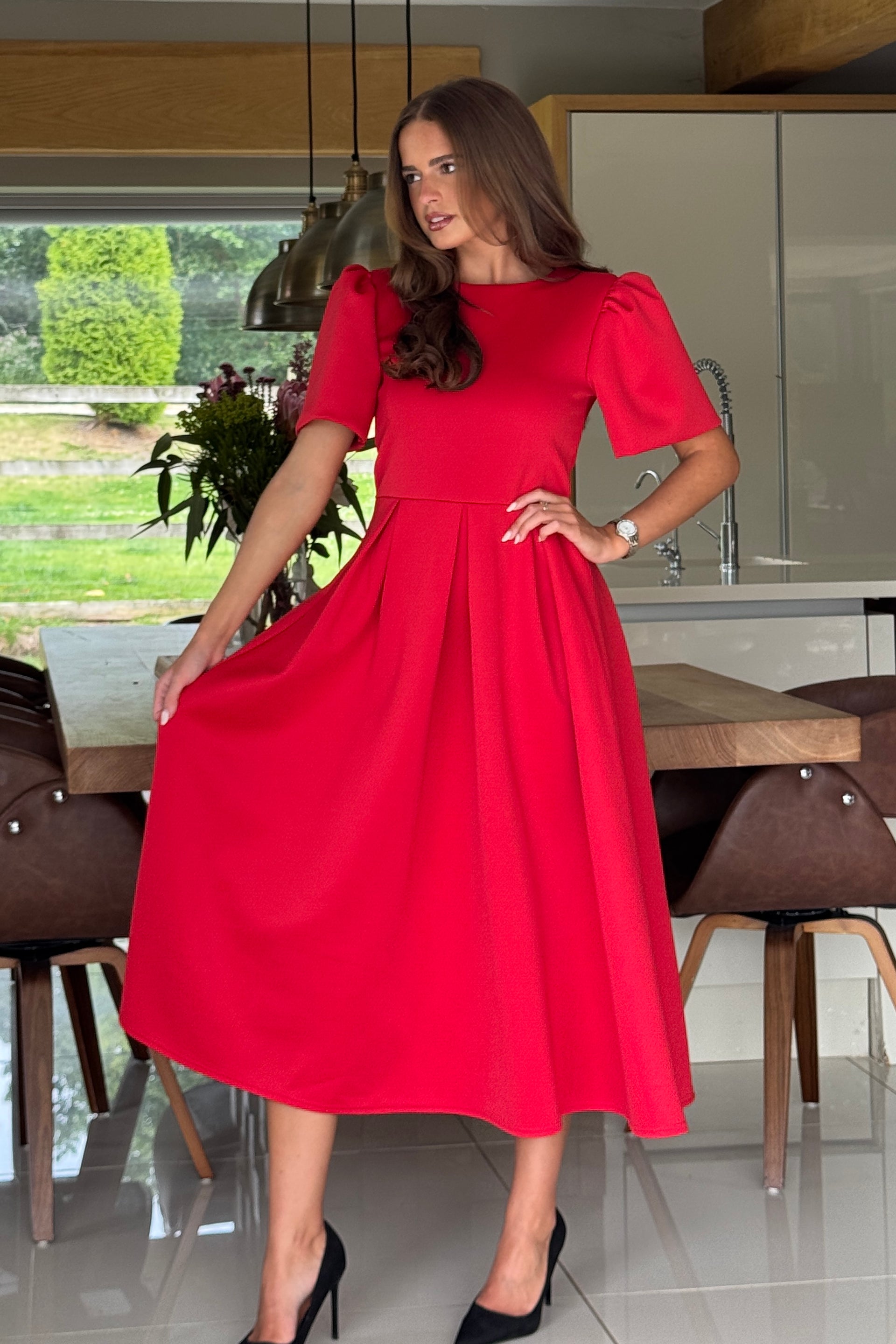 Elowin Statement Sleeve Skater Midi Dress Red