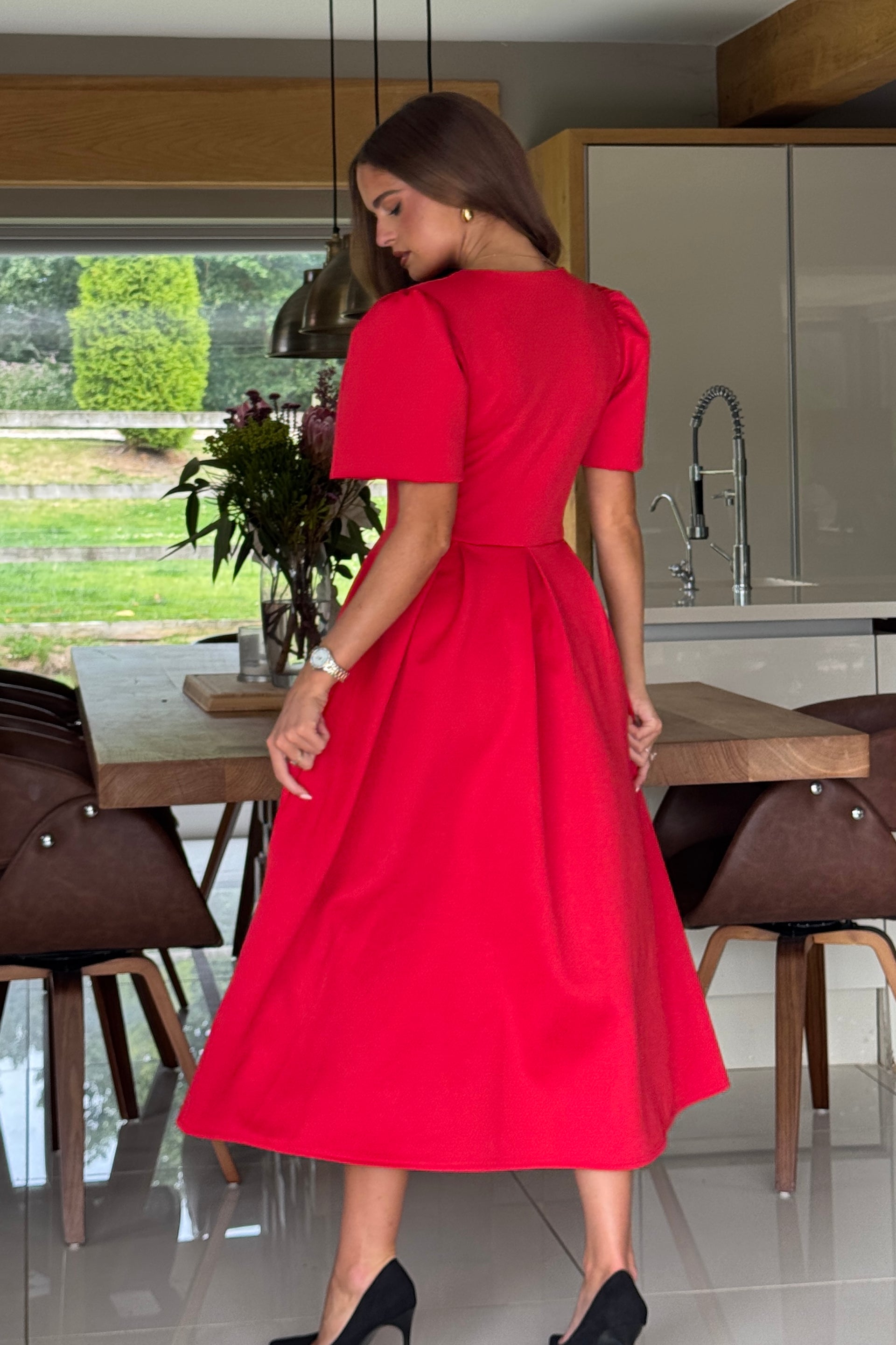 Elowin Statement Sleeve Skater Midi Dress Red
