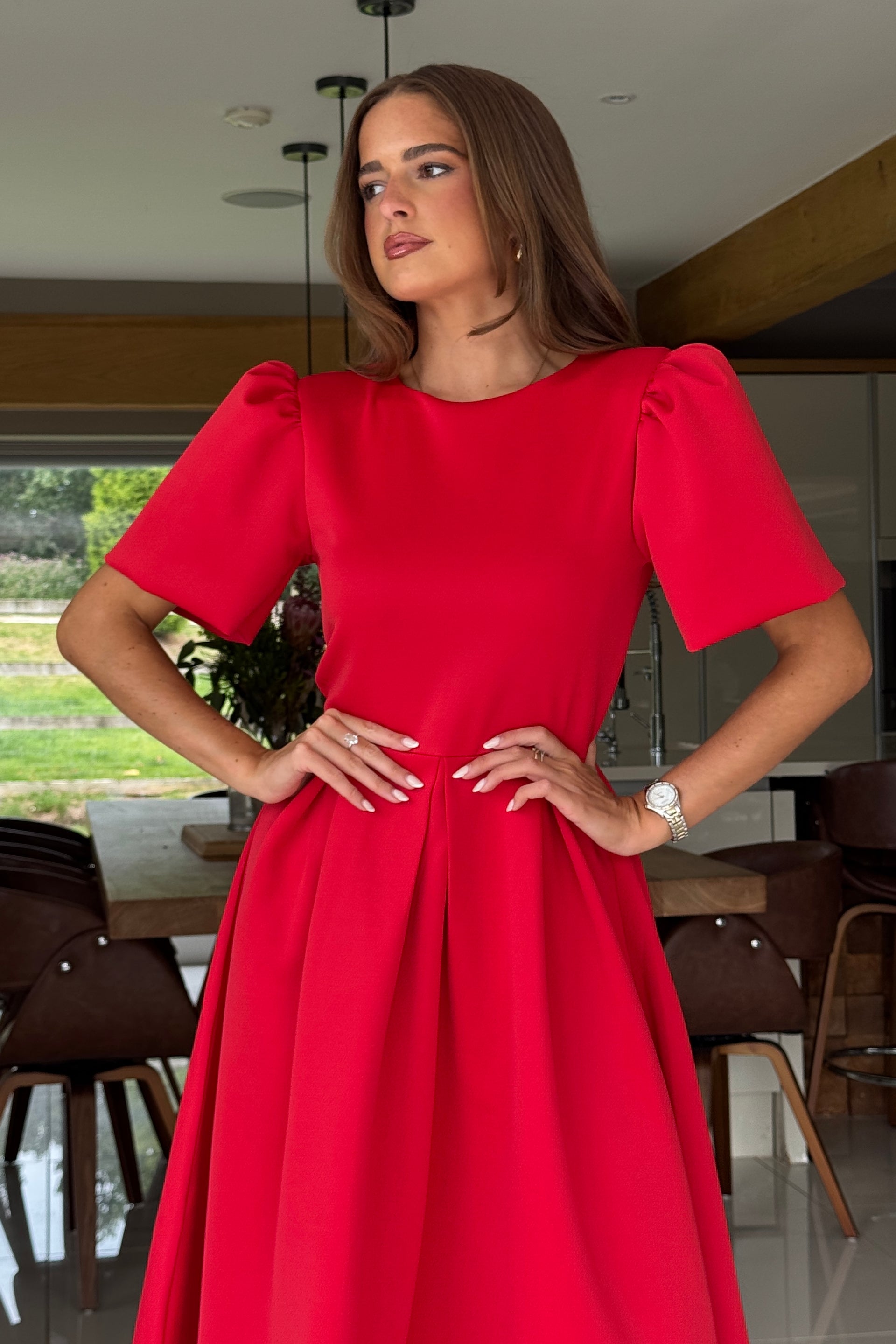 Elowin Statement Sleeve Skater Midi Dress Red