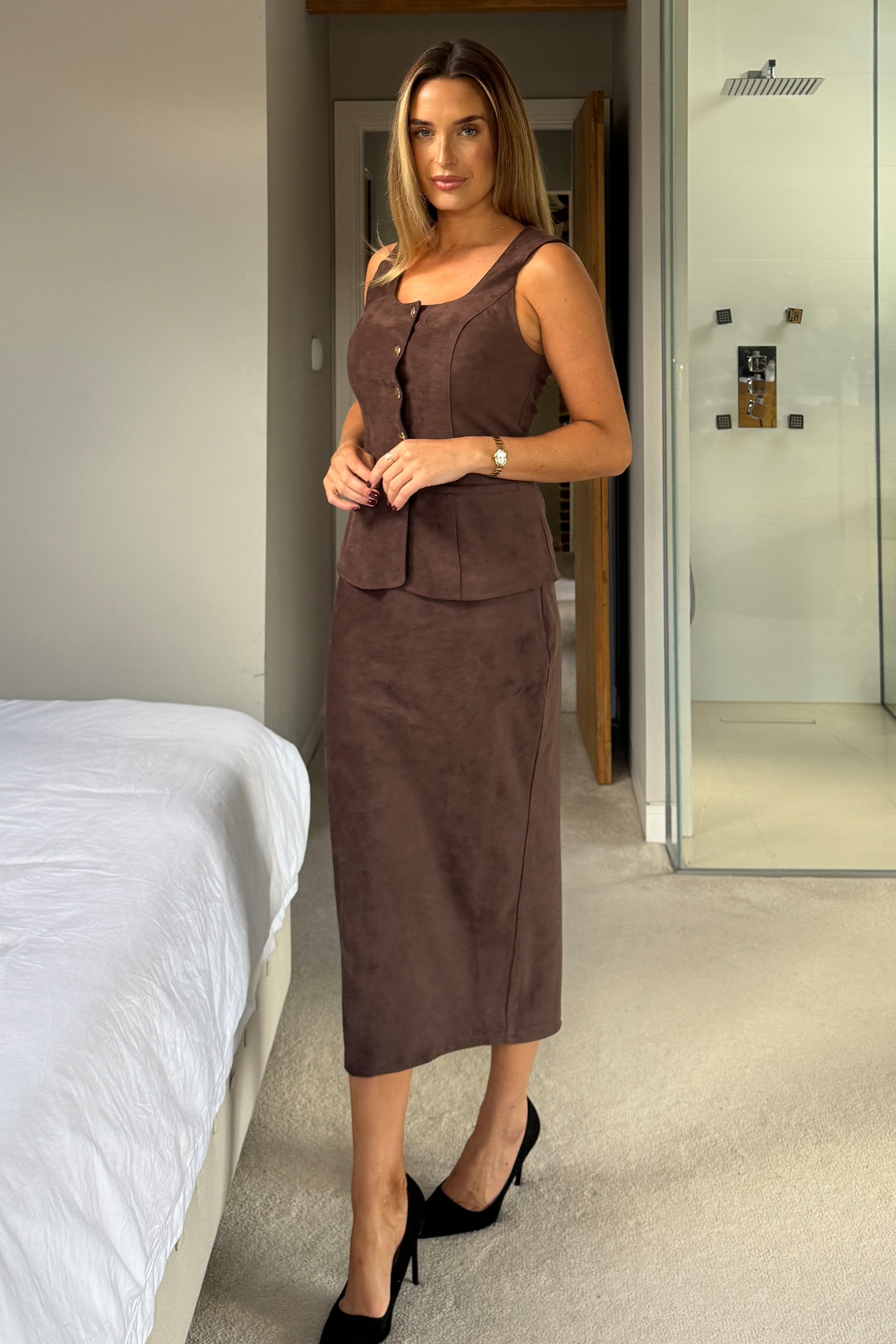 Jamie Square Neckline Suede Waistcoat Chocolate