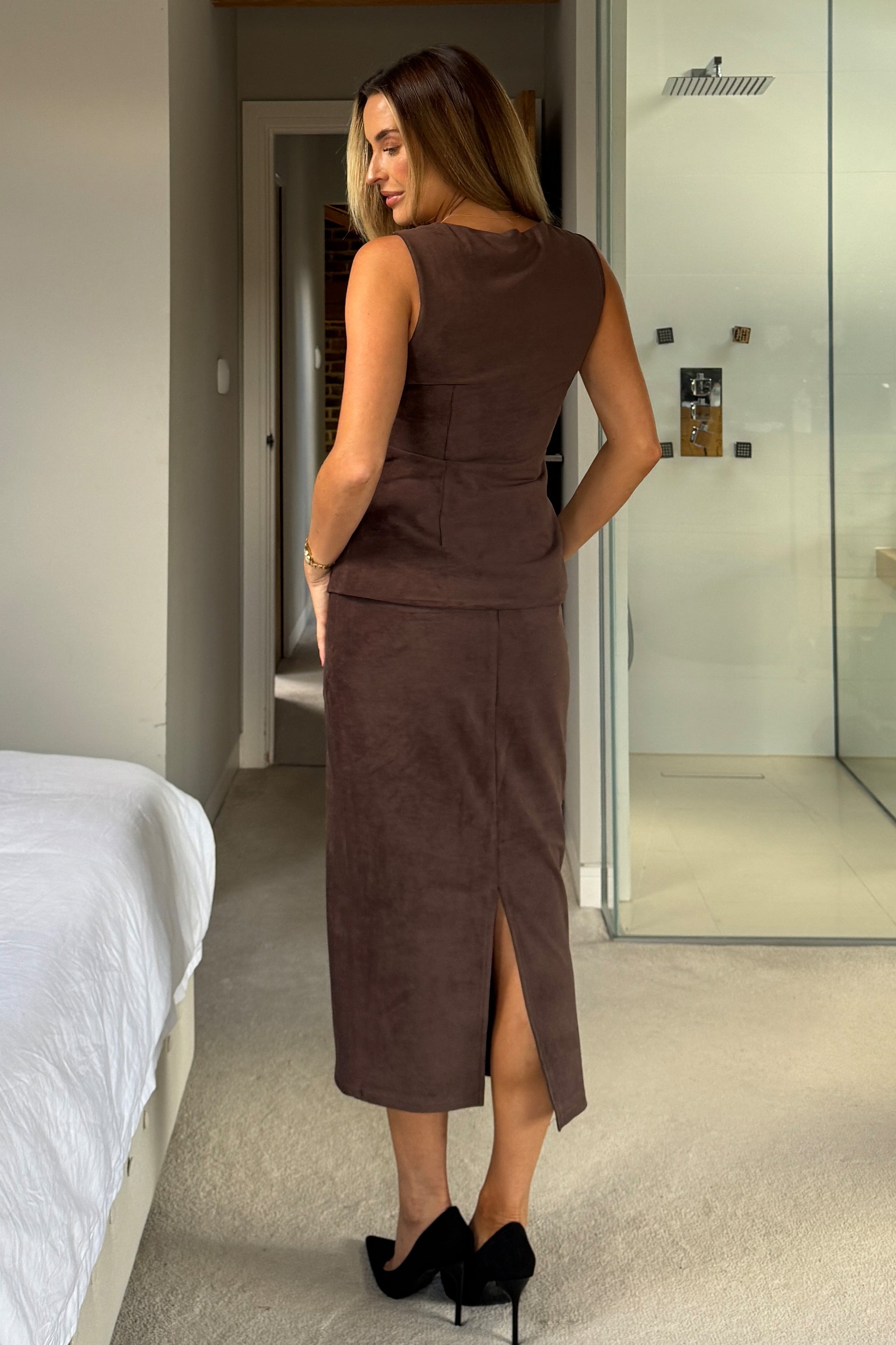 Jamie Square Neckline Suede Waistcoat Chocolate
