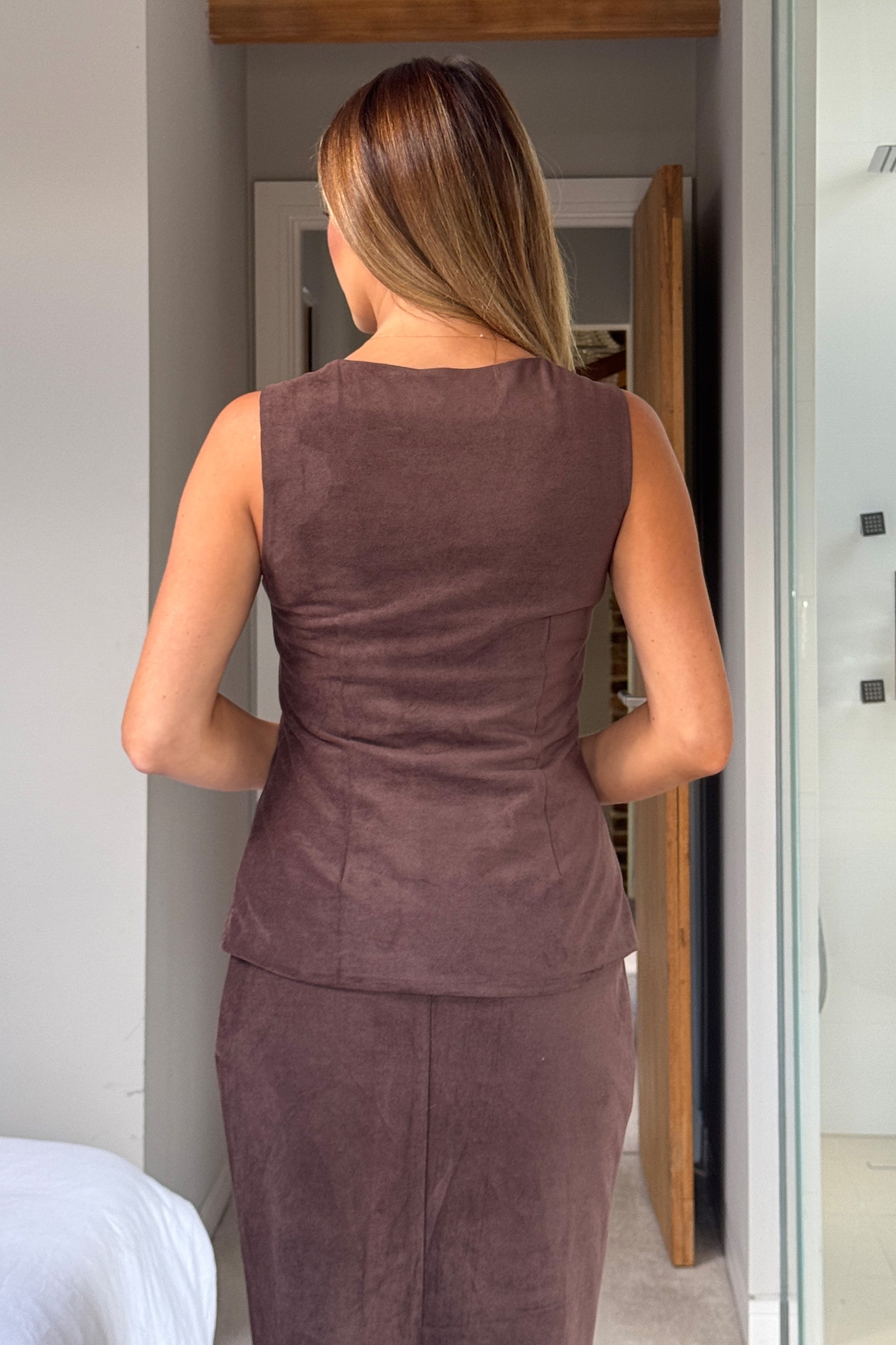 Jamie Square Neckline Suede Waistcoat Chocolate