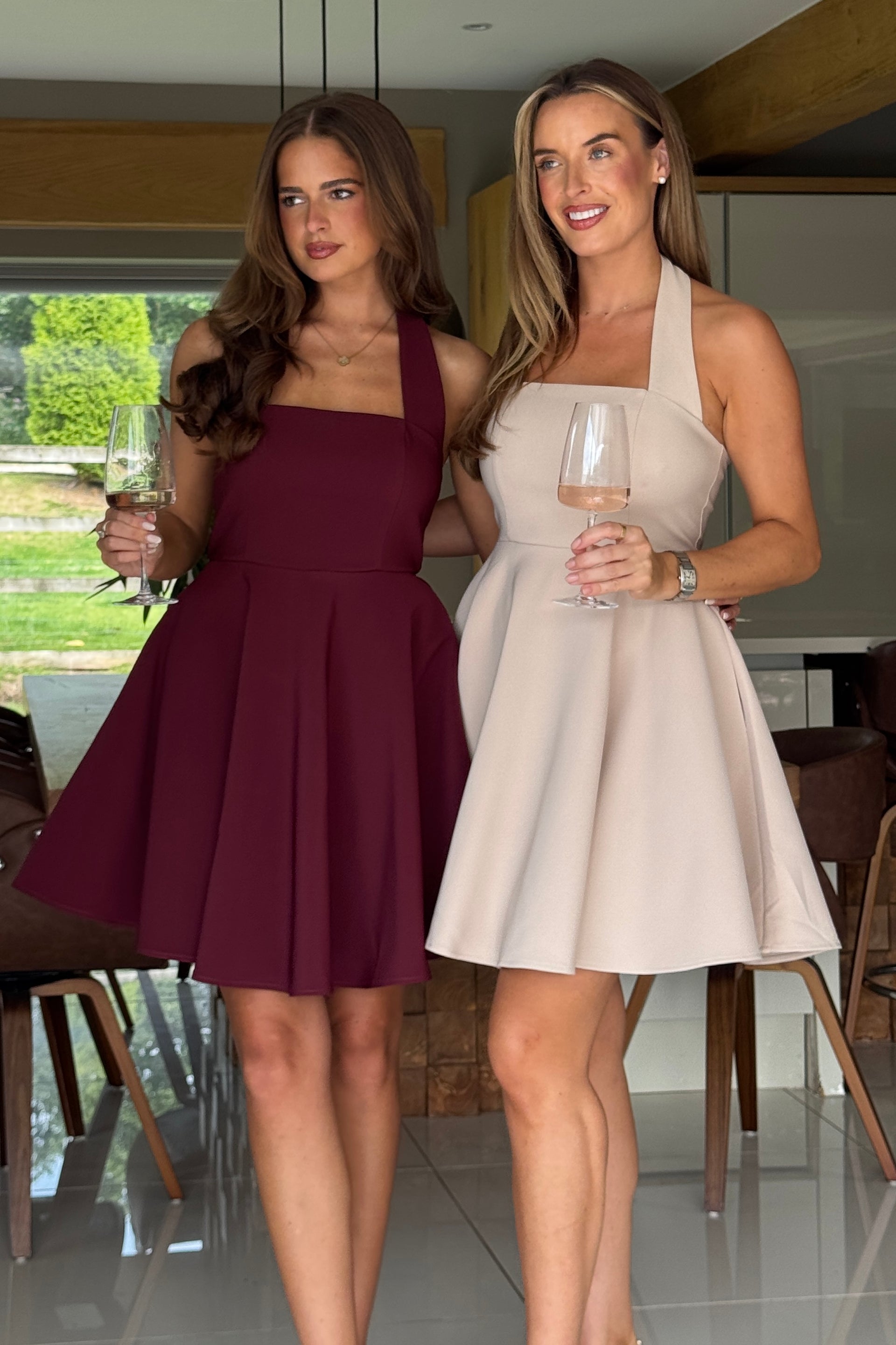 Pandora Halter Neck Mini Skater Dress Stone