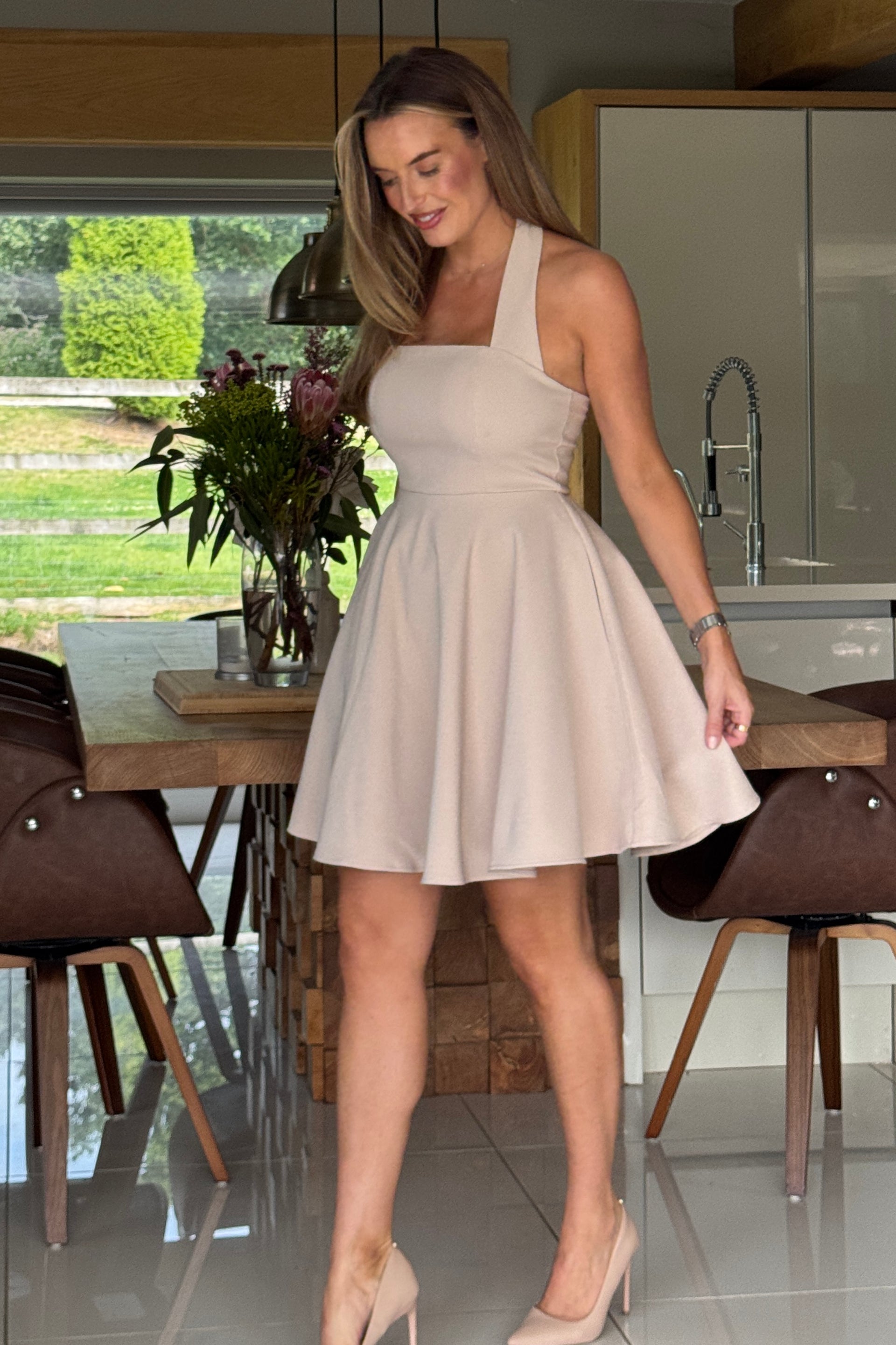 Pandora Halter Neck Mini Skater Dress Stone