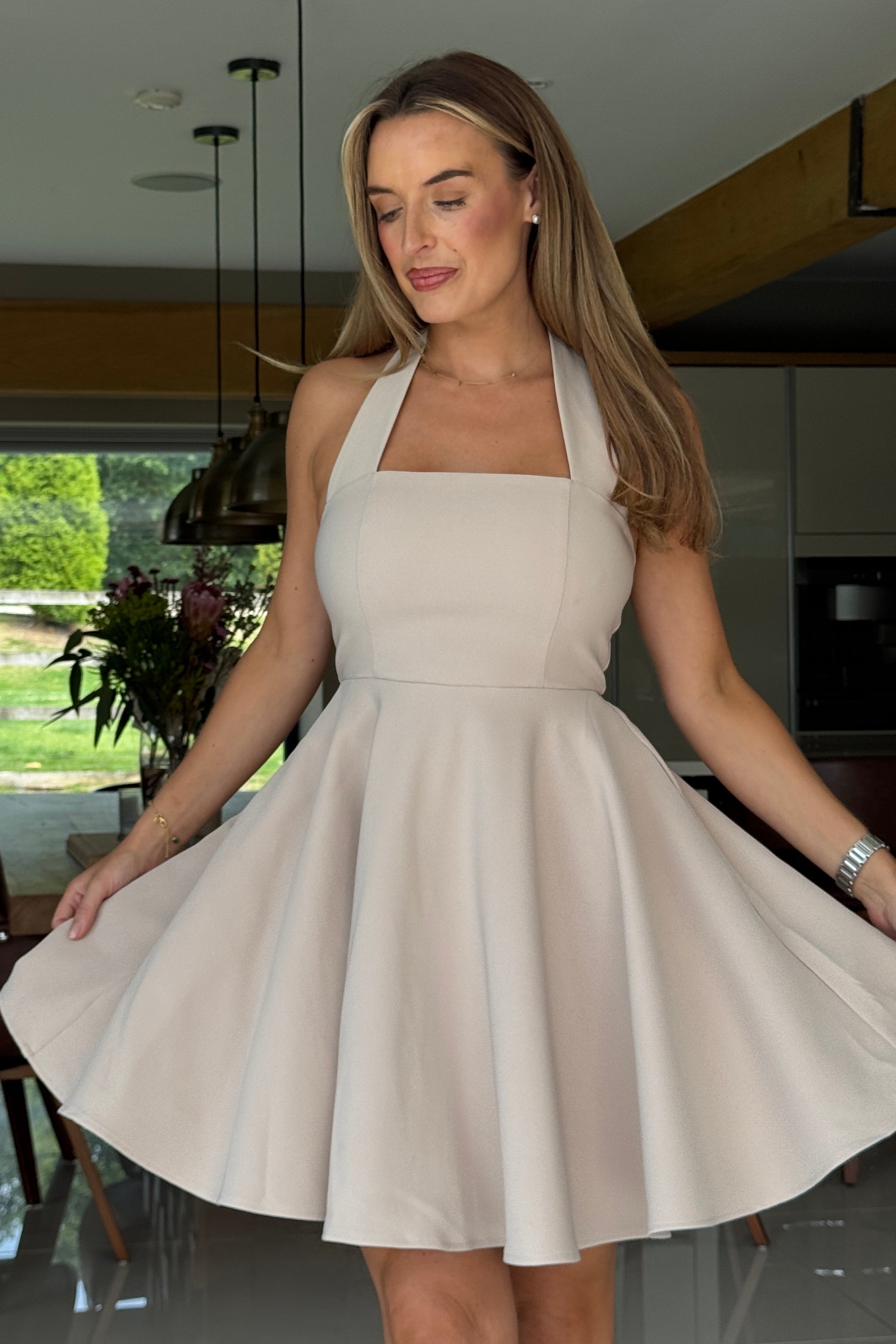 Pandora Halter Neck Mini Skater Dress Stone