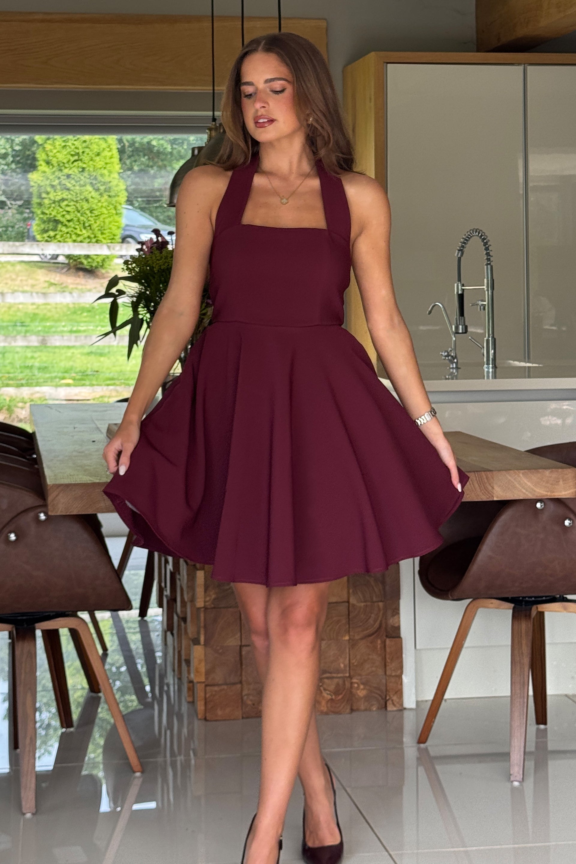 Pandora Halter Neck Mini Skater Dress Berry