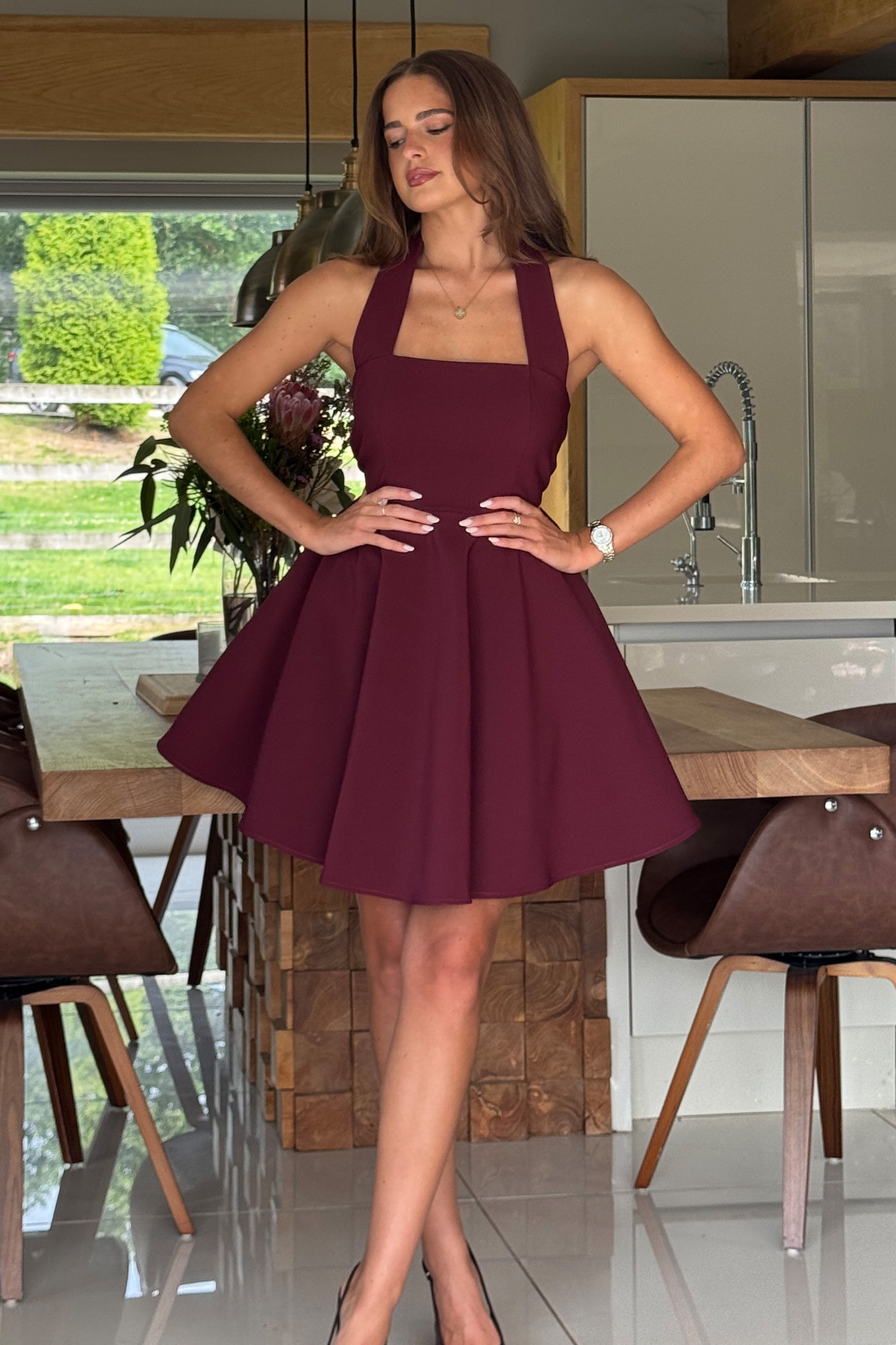 Pandora Halter Neck Mini Skater Dress Berry