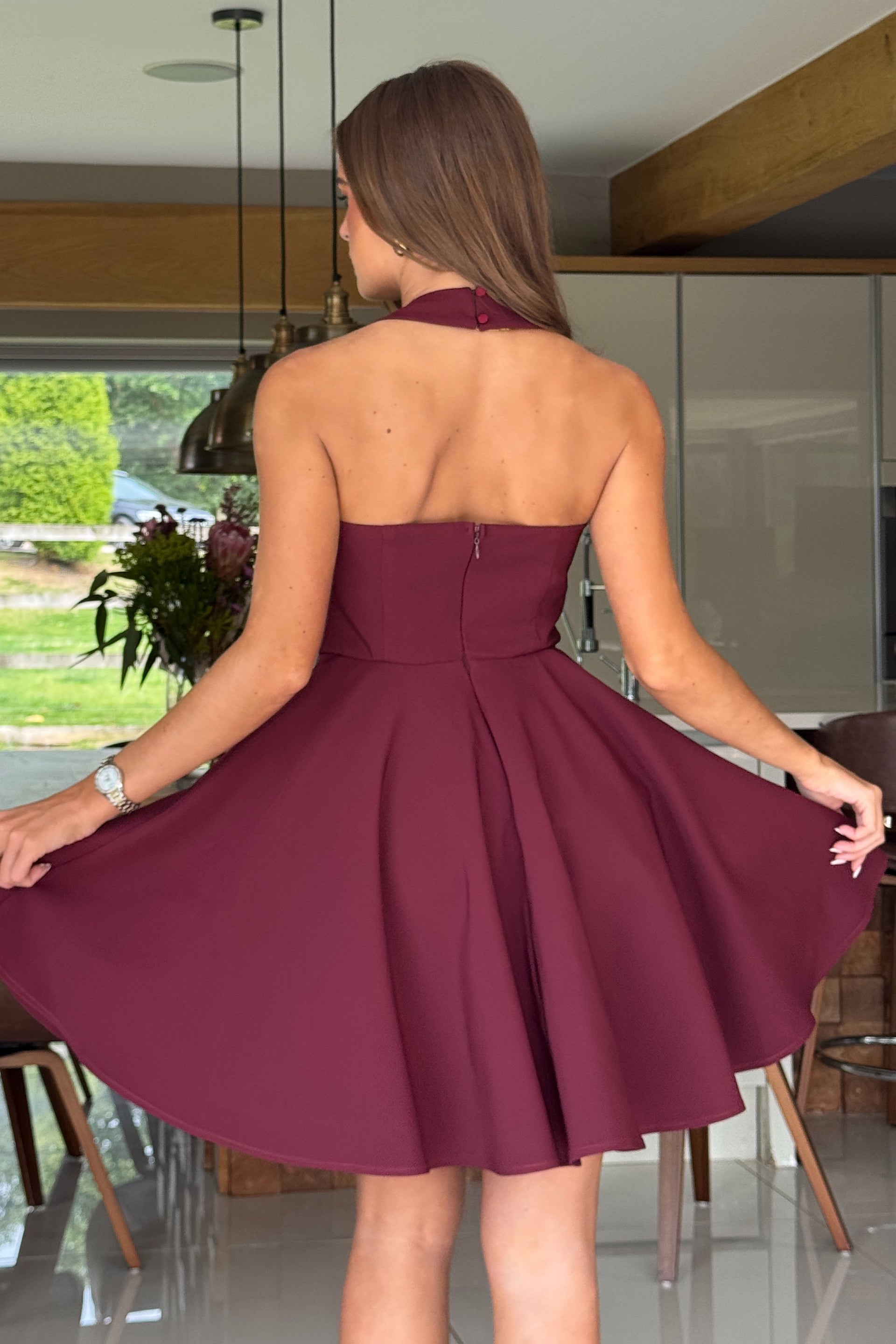 Pandora Halter Neck Mini Skater Dress Berry