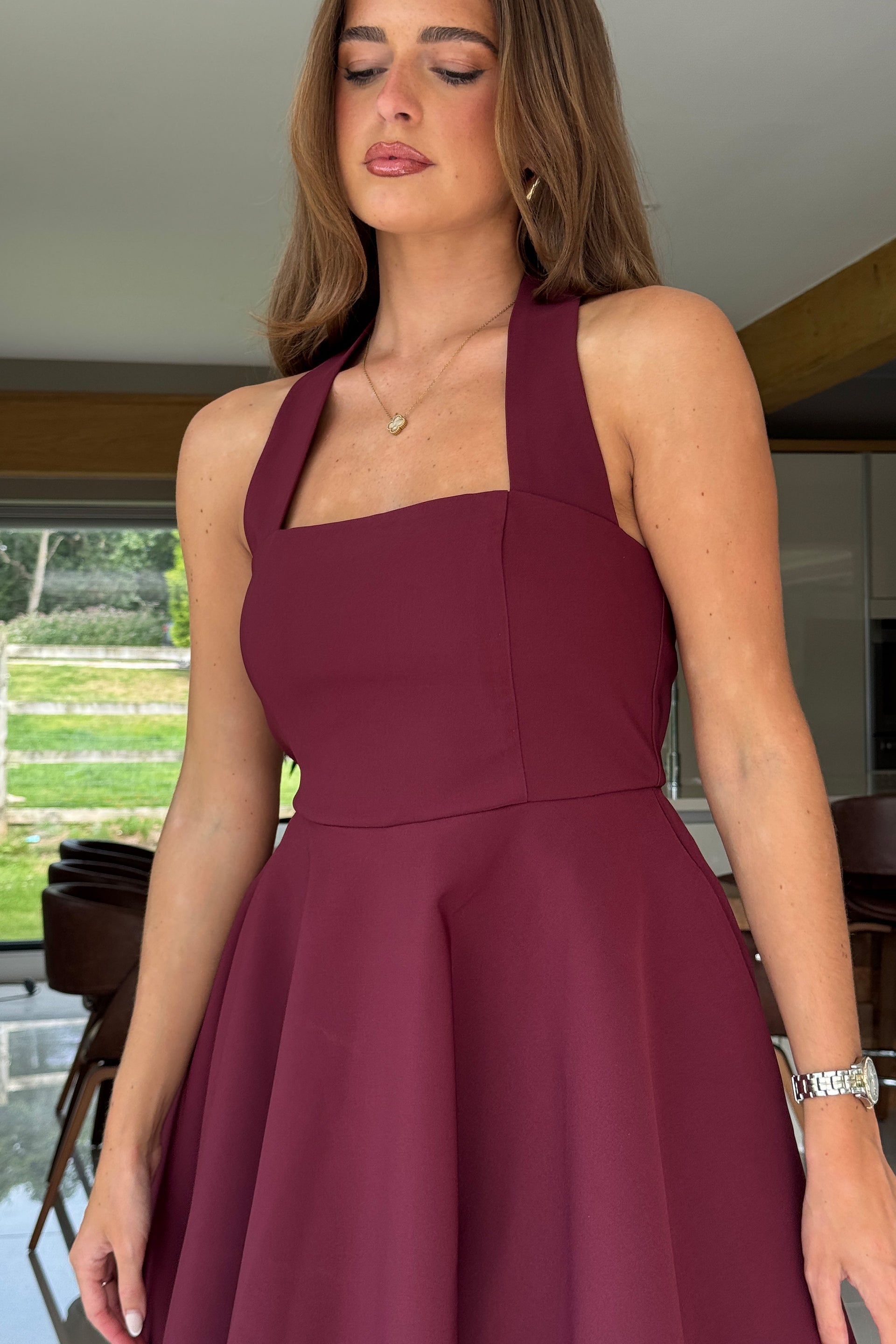 Pandora Halter Neck Mini Skater Dress Berry