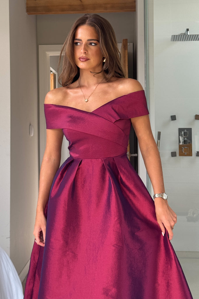Daphne Off The Shoulder Skater Midi Dress Plum – Girl In Mind