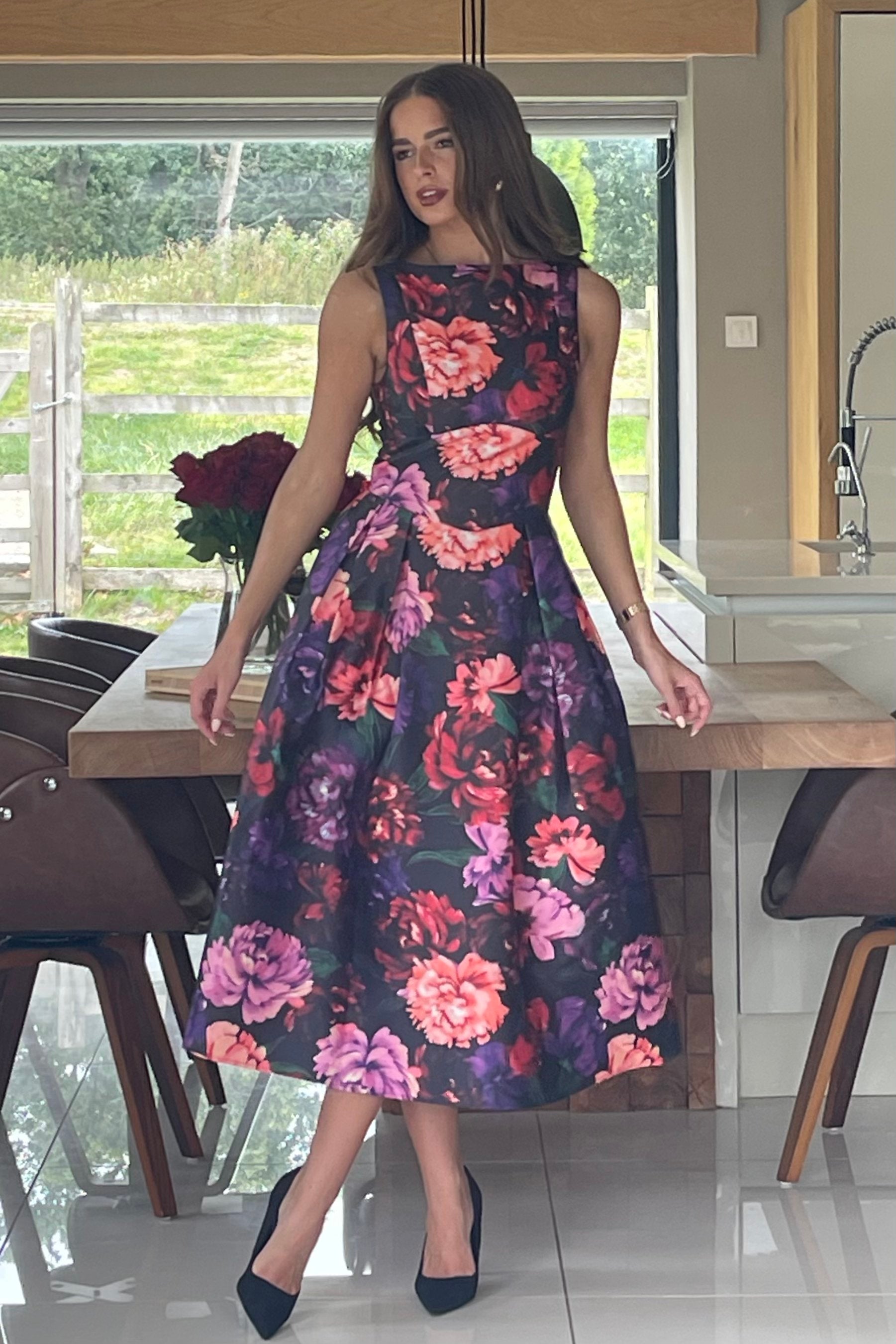 Nesta Boat Neck Skater Midi Dress Black Floral