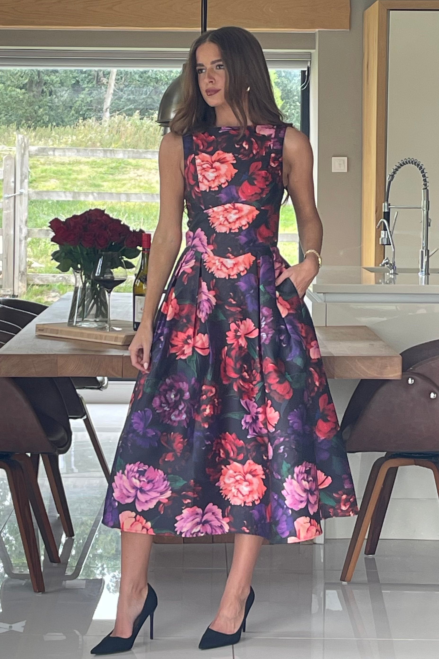 Nesta Boat Neck Skater Midi Dress Black Floral