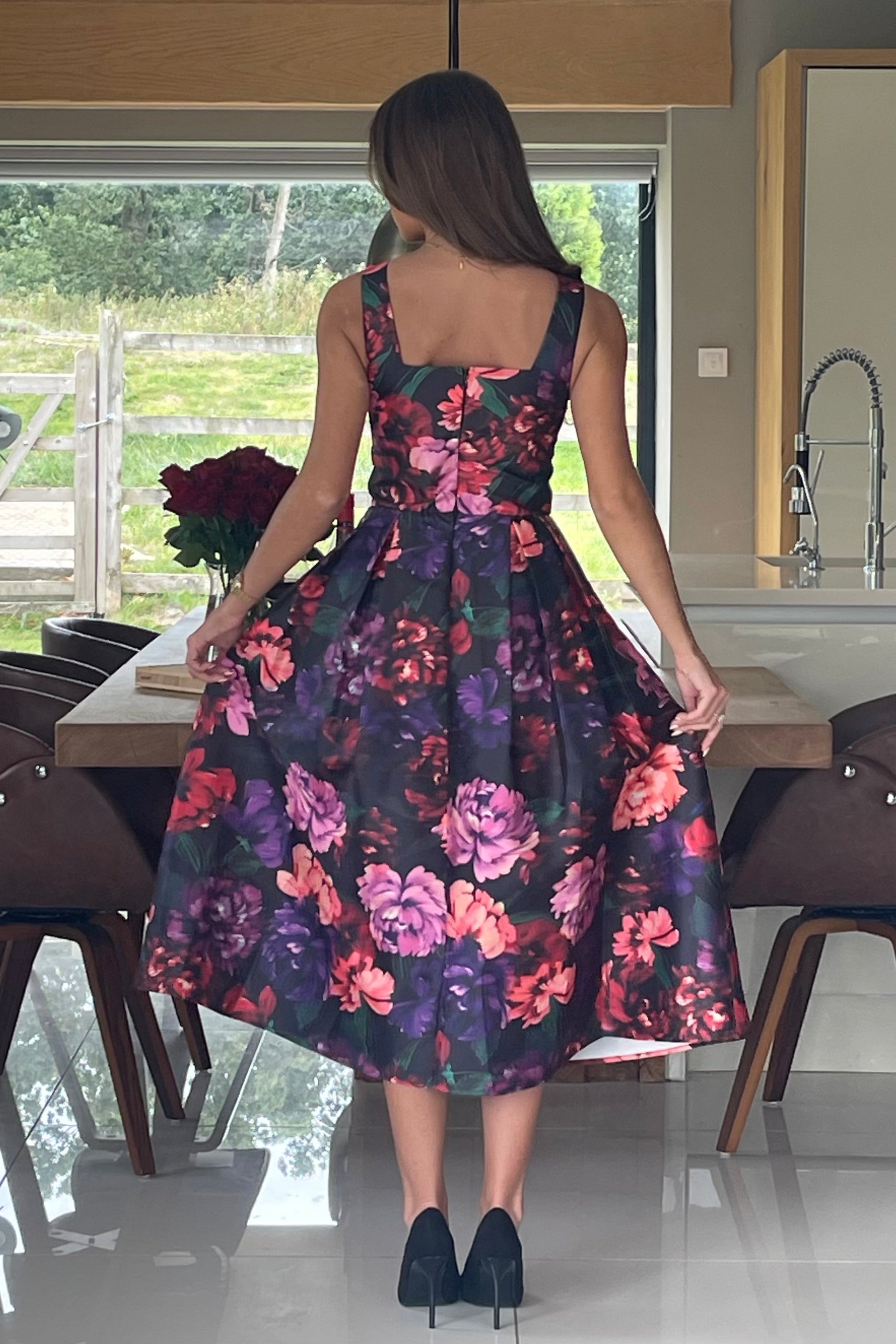 Nesta Boat Neck Skater Midi Dress Black Floral