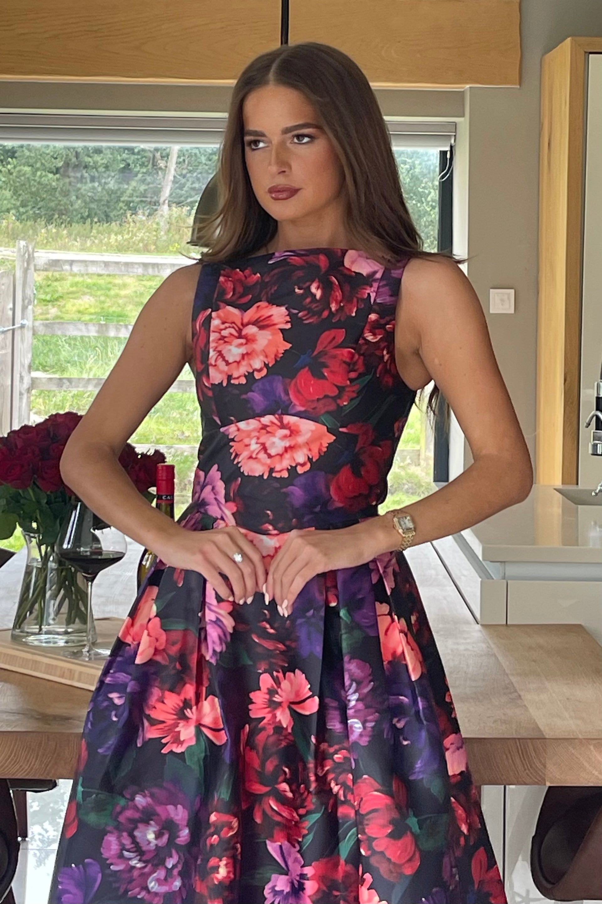 Nesta Boat Neck Skater Midi Dress Black Floral