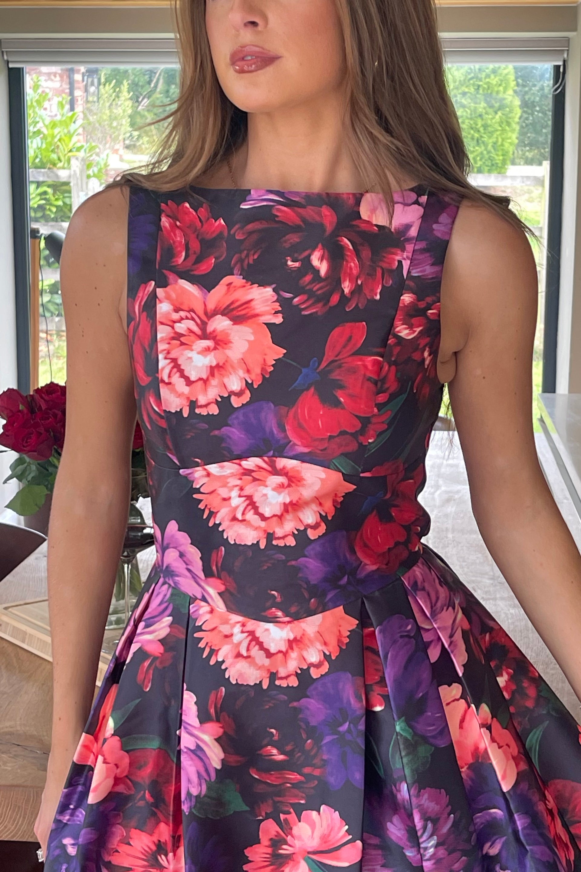Nesta Boat Neck Skater Midi Dress Black Floral