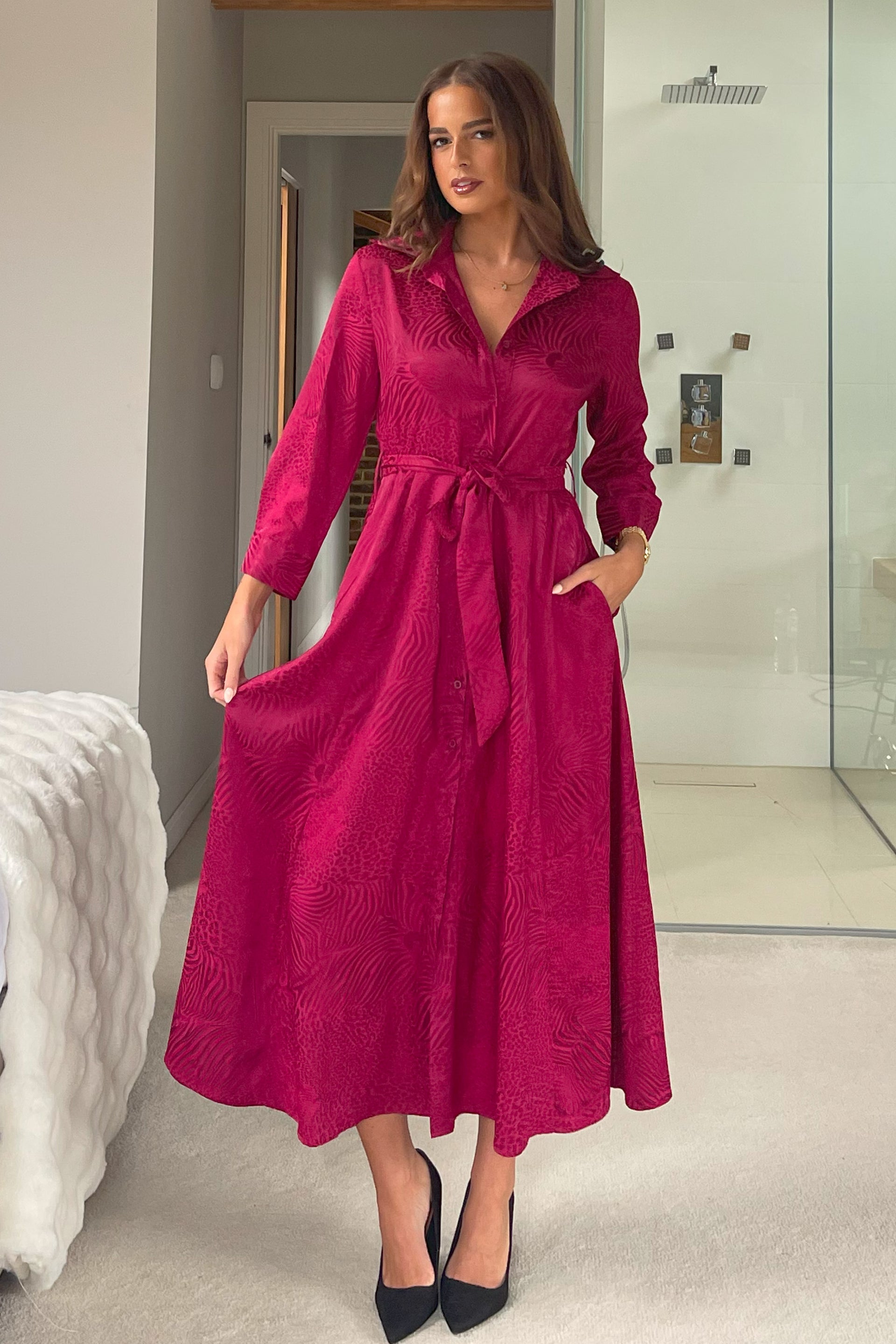 Angela Long Sleeve Maxi Shirt Dress Wine Animal