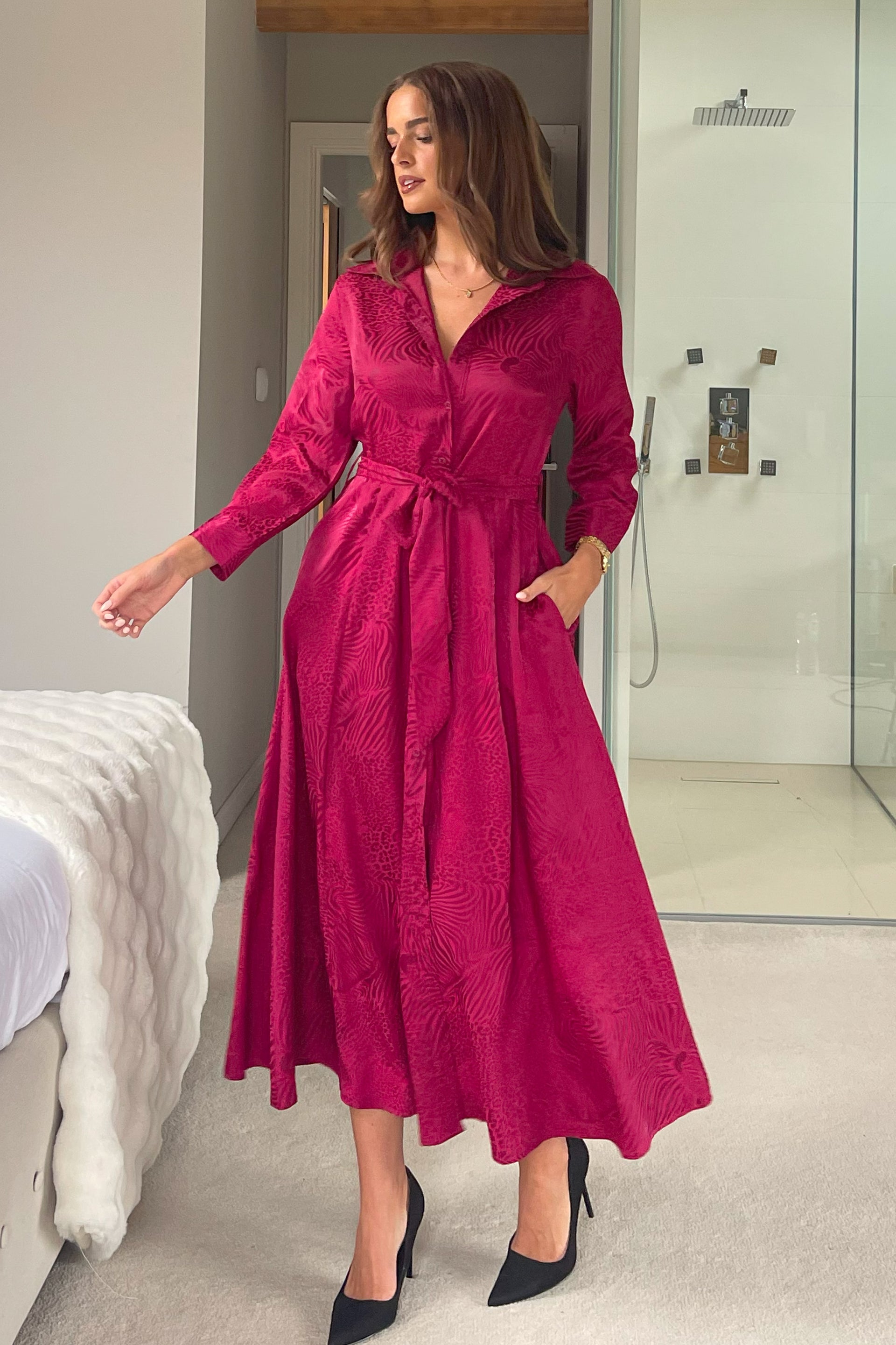 Angela Long Sleeve Maxi Shirt Dress Wine Animal