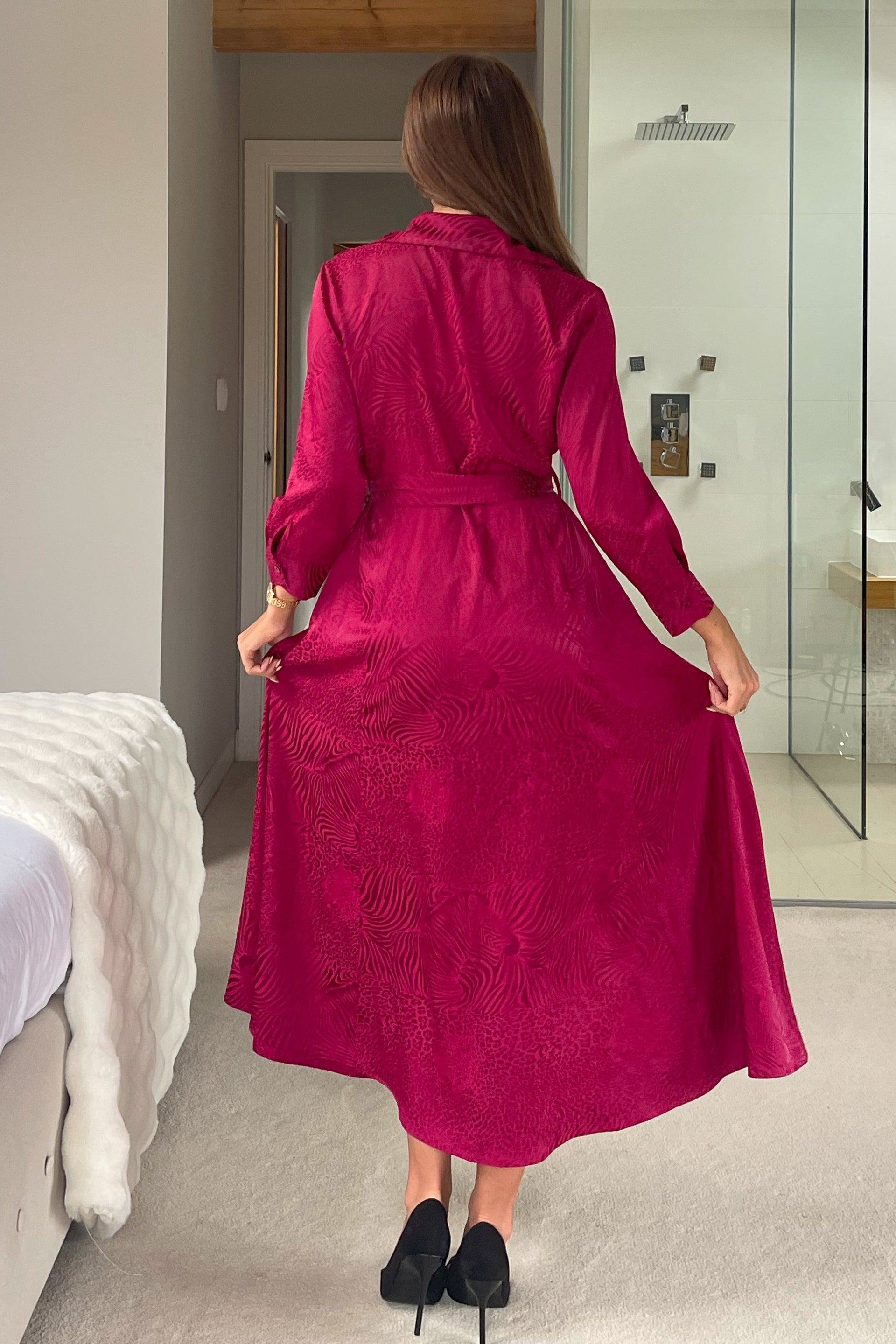 Angela Long Sleeve Maxi Shirt Dress Wine Animal