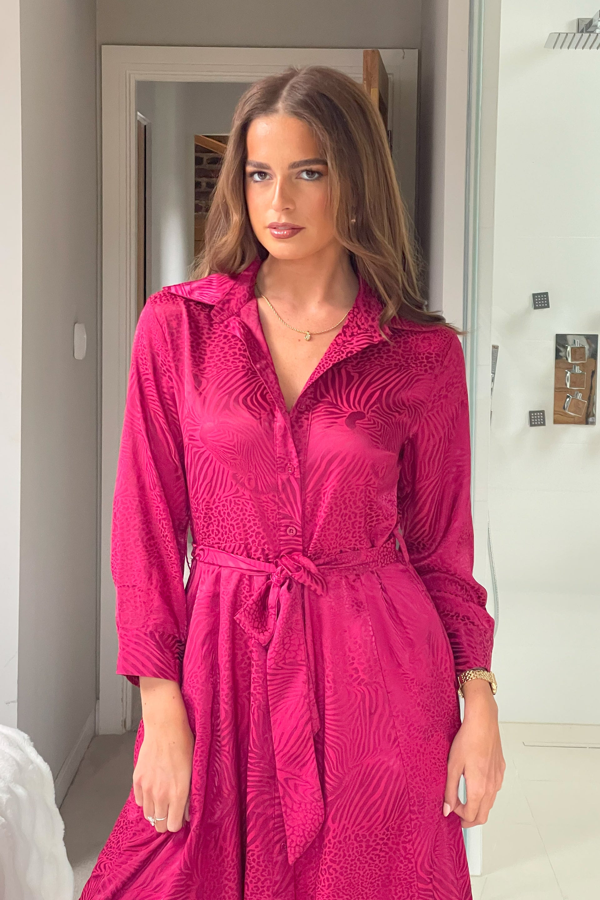 Angela Long Sleeve Maxi Shirt Dress Wine Animal