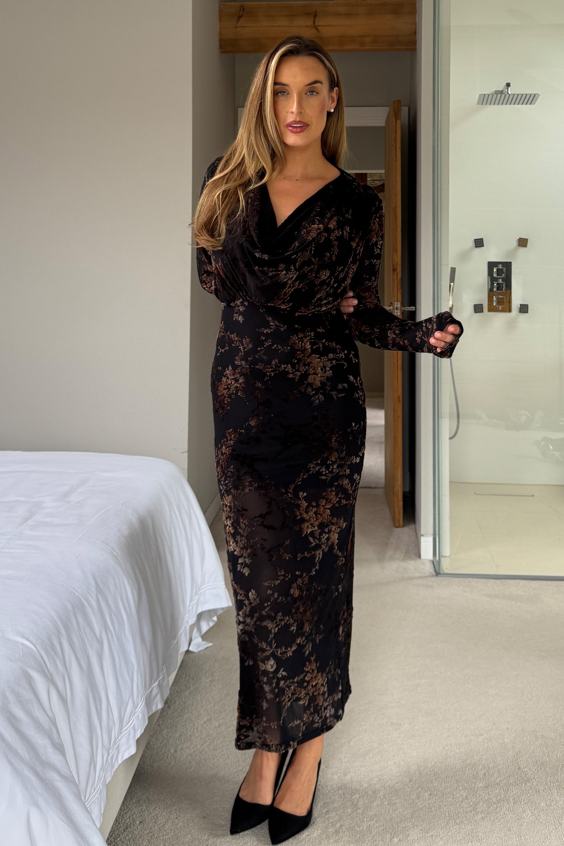 Remington Flocked Floral Cowl Neck Midi Dress Black