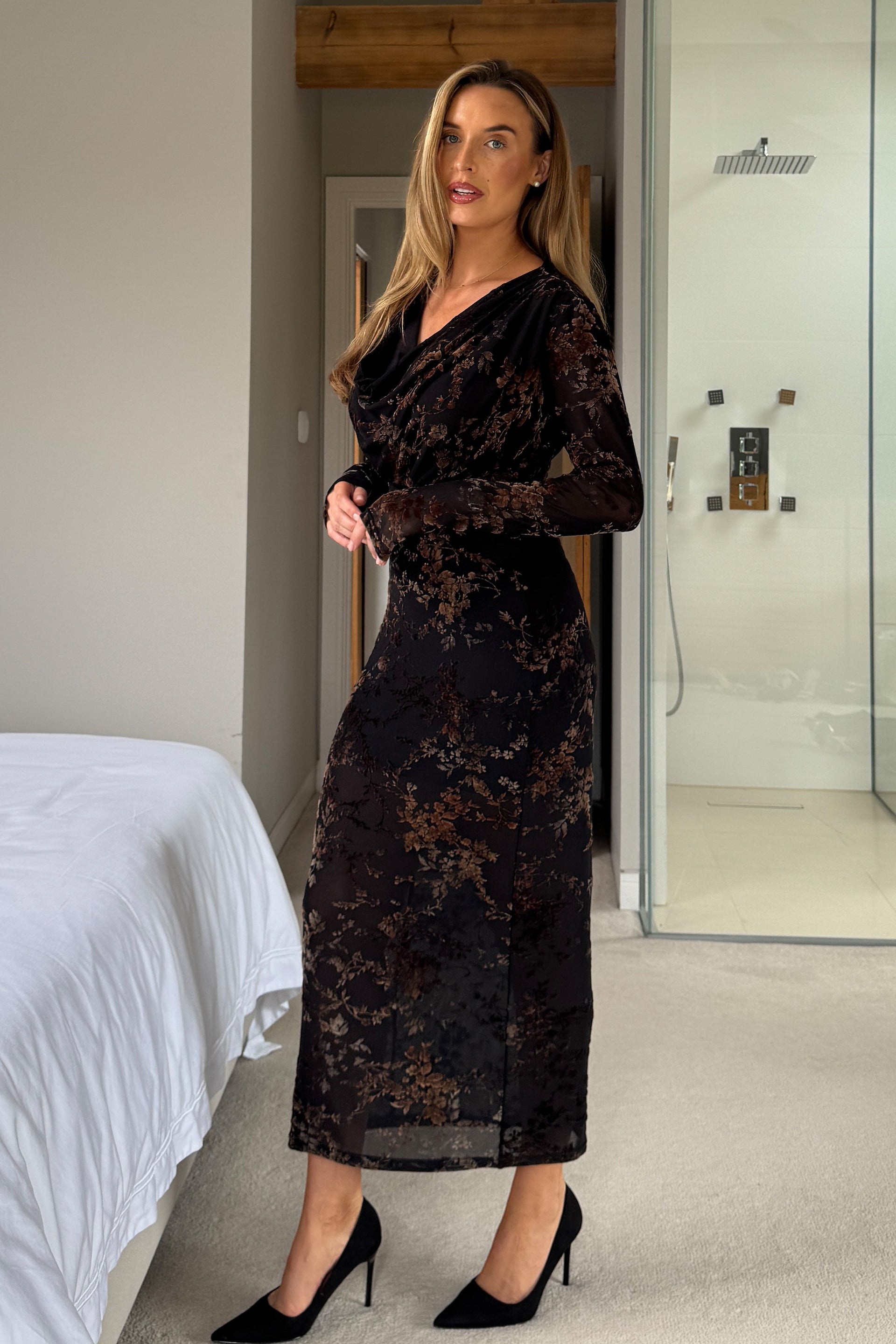 Remington Flocked Floral Cowl Neck Midi Dress Black