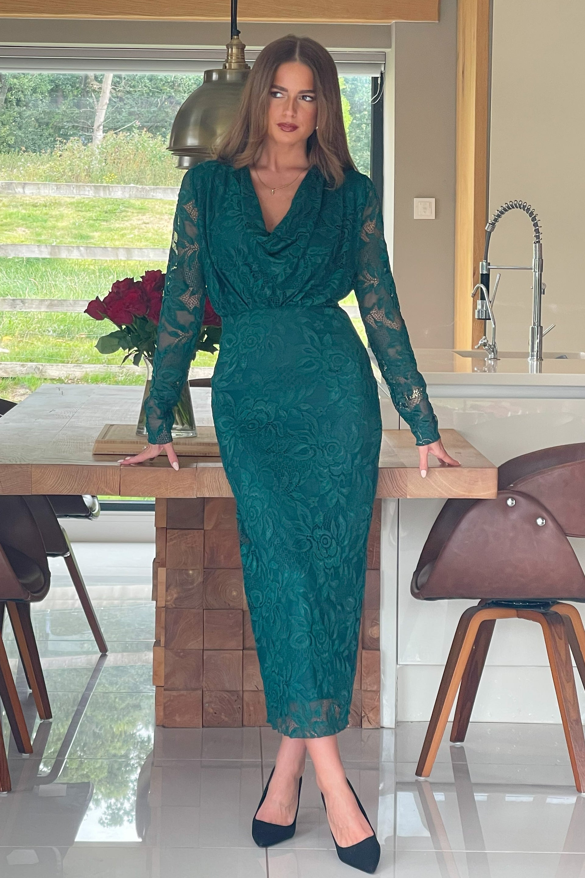 Remington Lace Cowl Neck Midi Dress Green