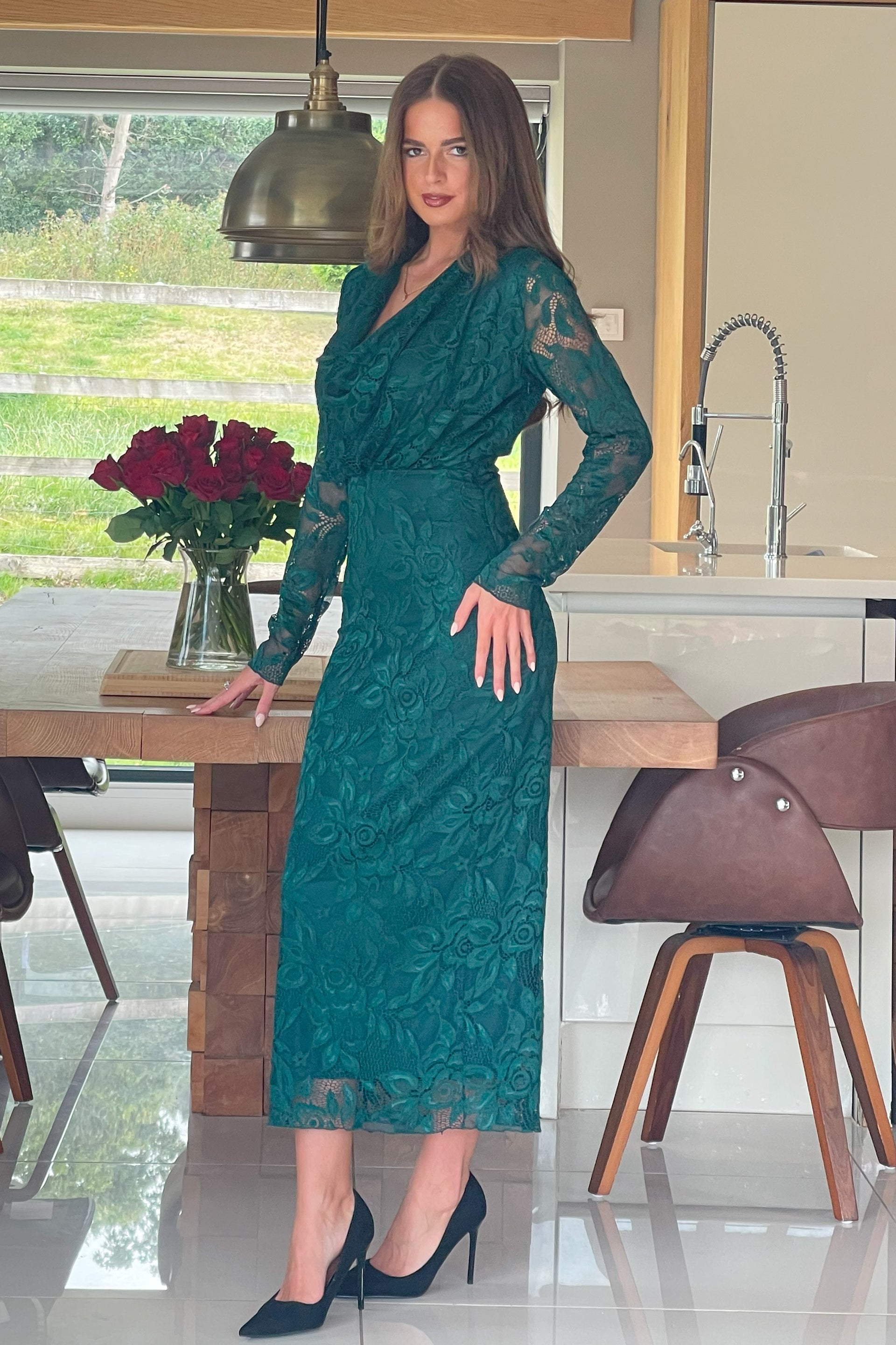 Remington Lace Cowl Neck Midi Dress Green