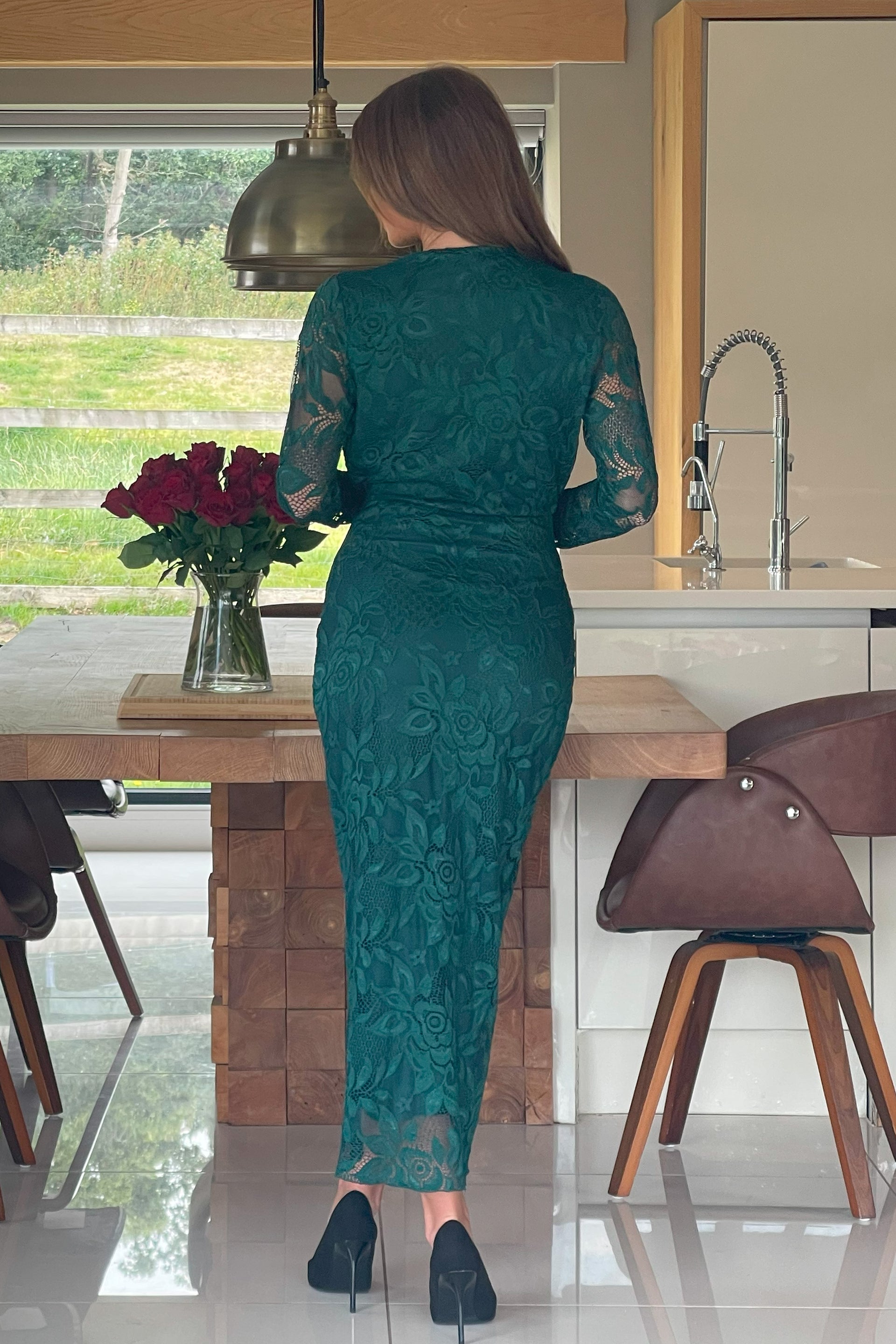 Remington Lace Cowl Neck Midi Dress Green