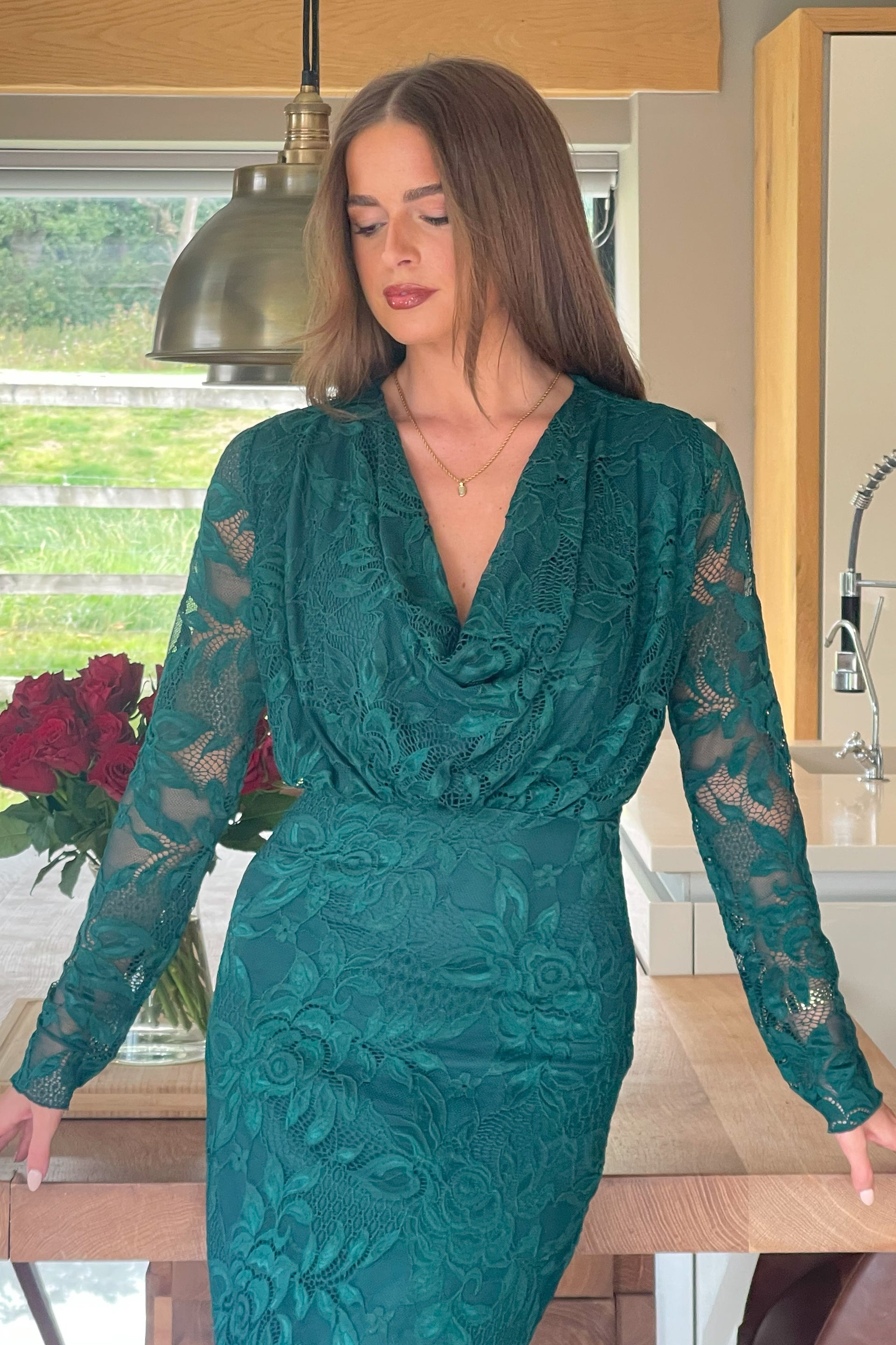 Remington Lace Cowl Neck Midi Dress Green