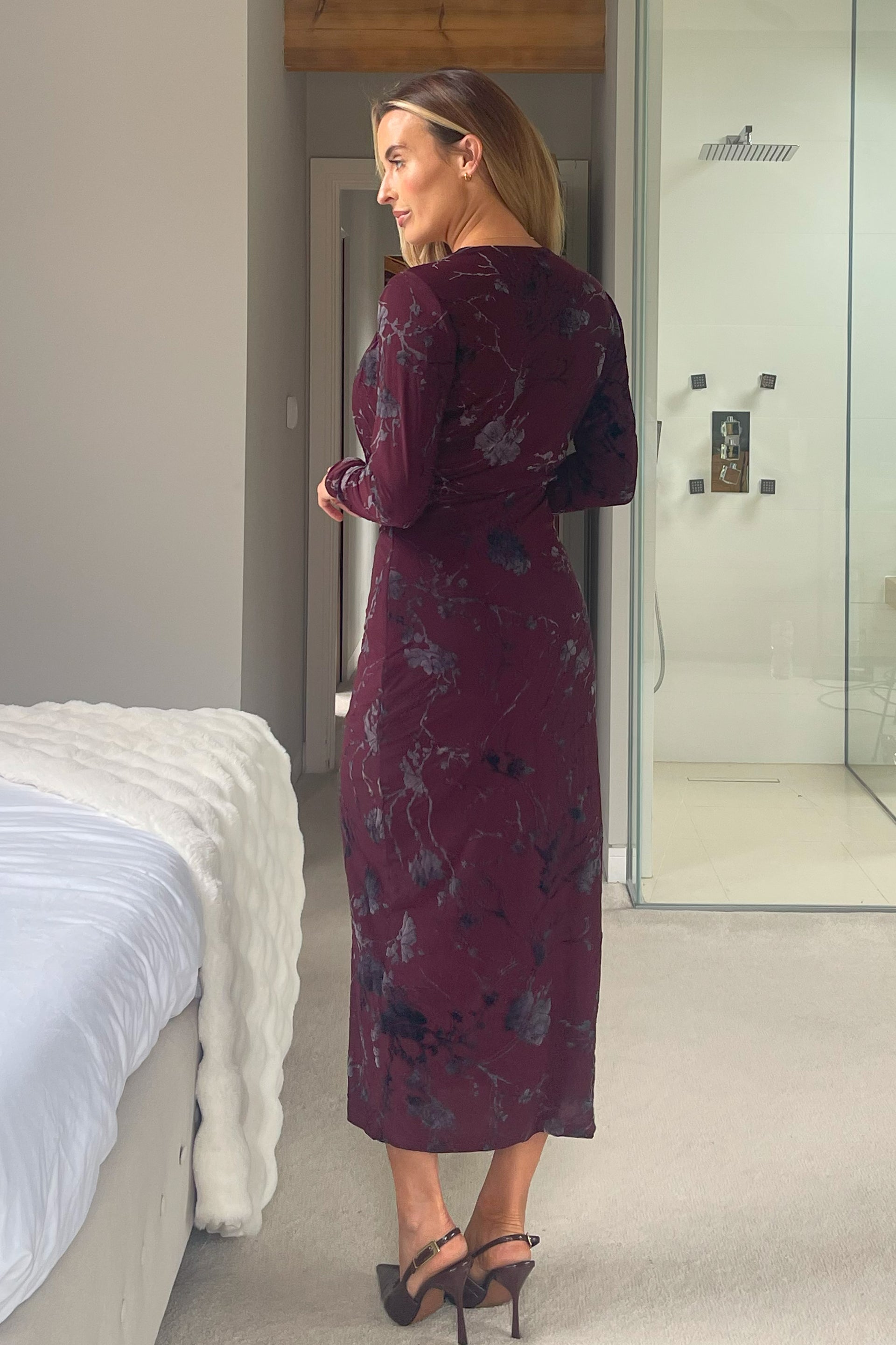 Remington Flocked Floral Cowl Neck Midi Dress Plum