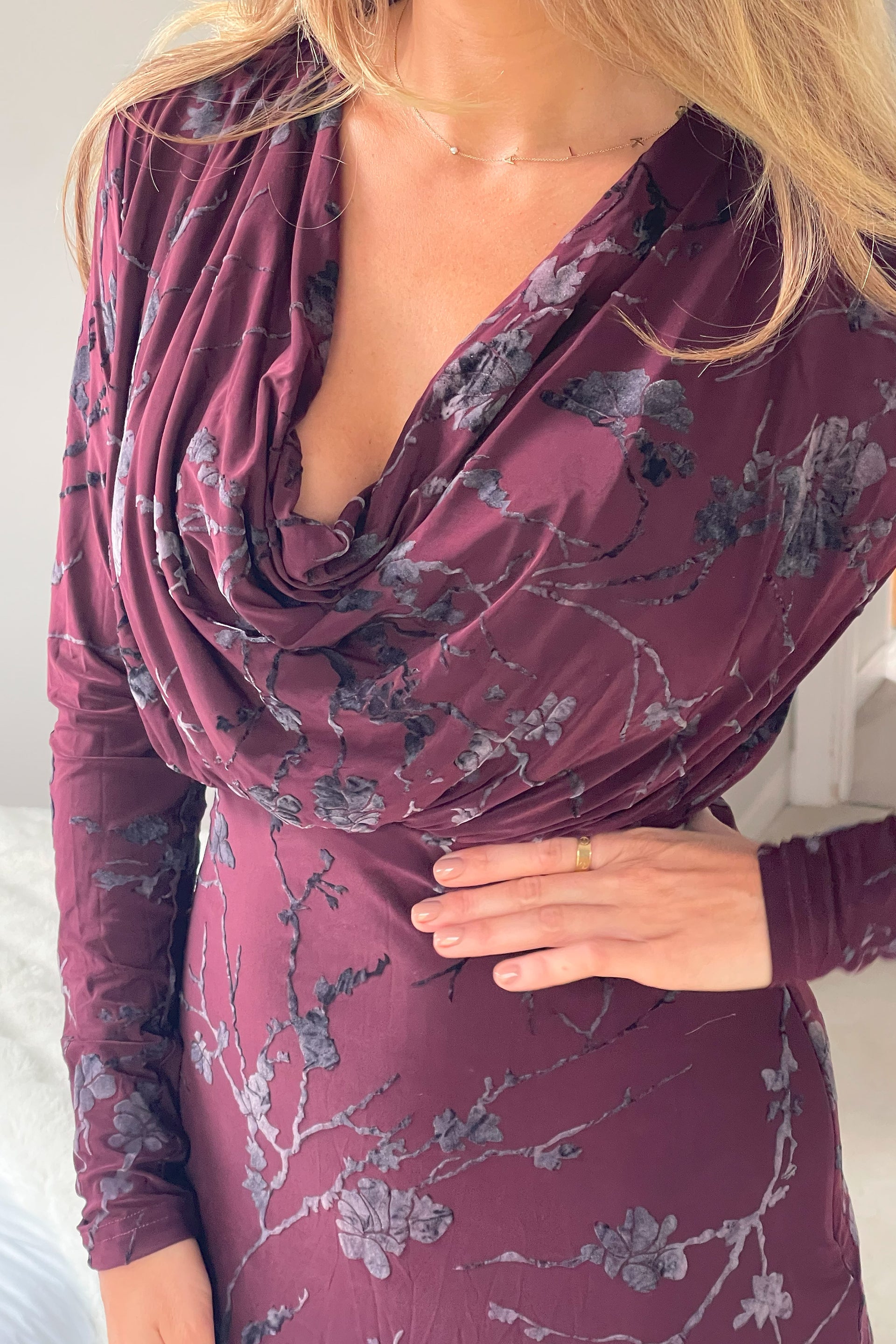 Remington Flocked Floral Cowl Neck Midi Dress Plum