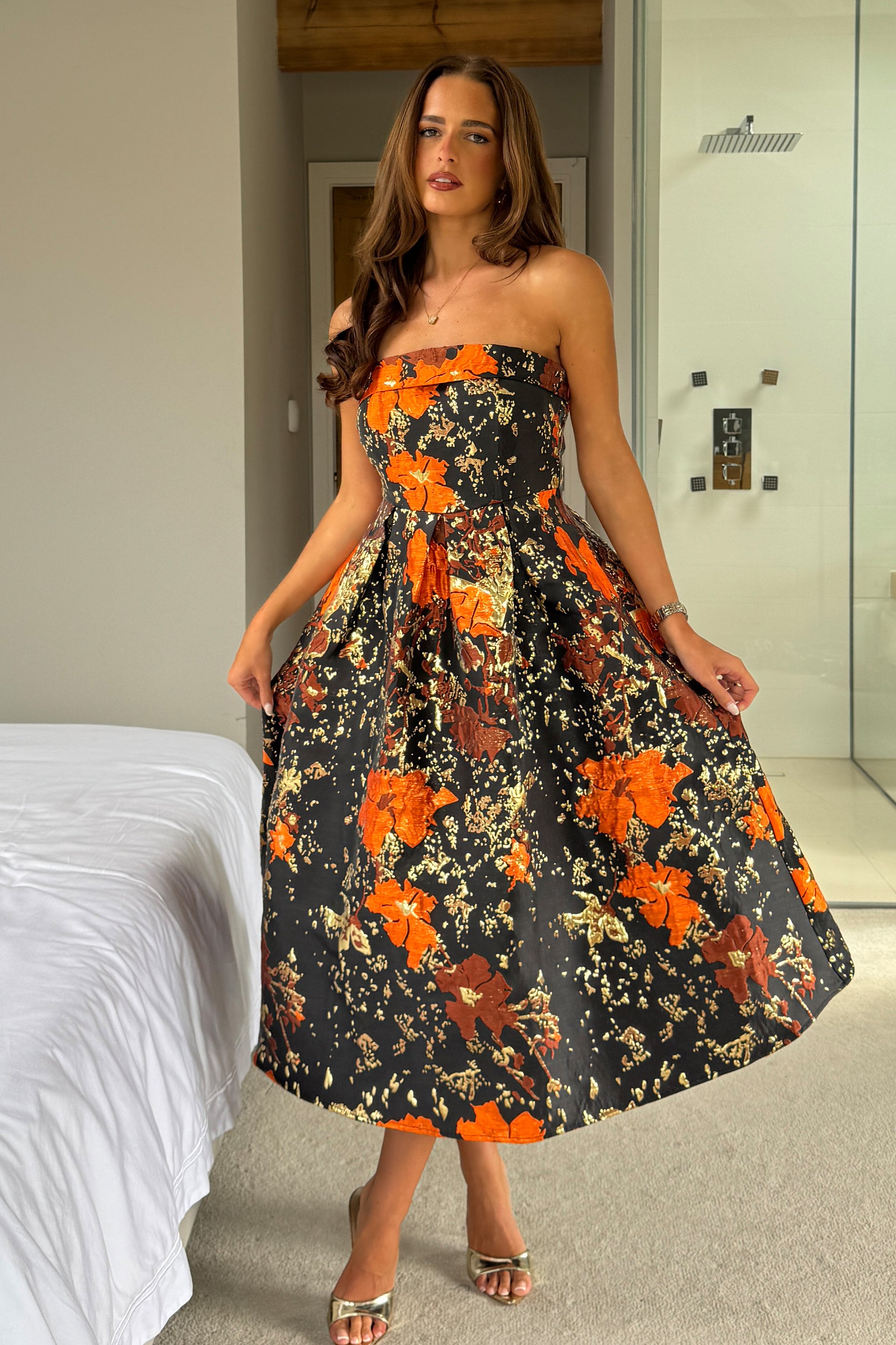 Danni Strapless Bandeau Midi Dress Black And Gold