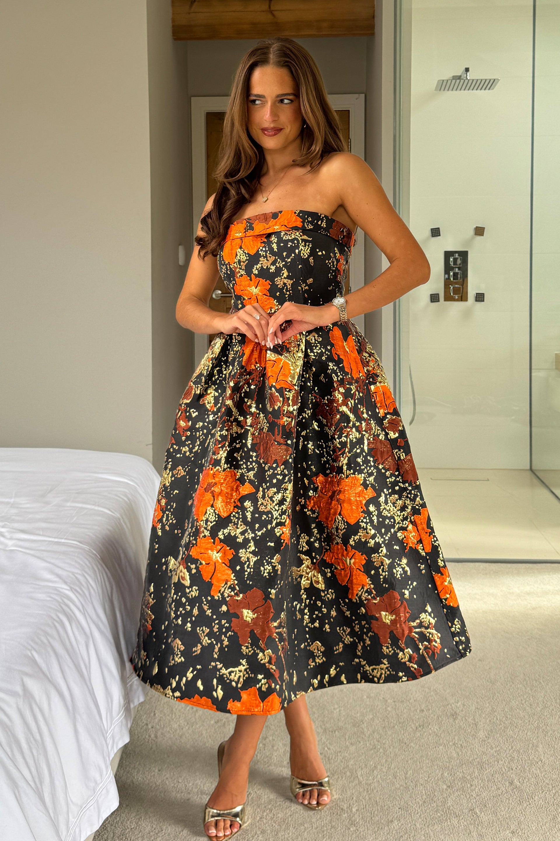 Danni Strapless Bandeau Midi Dress Black And Gold