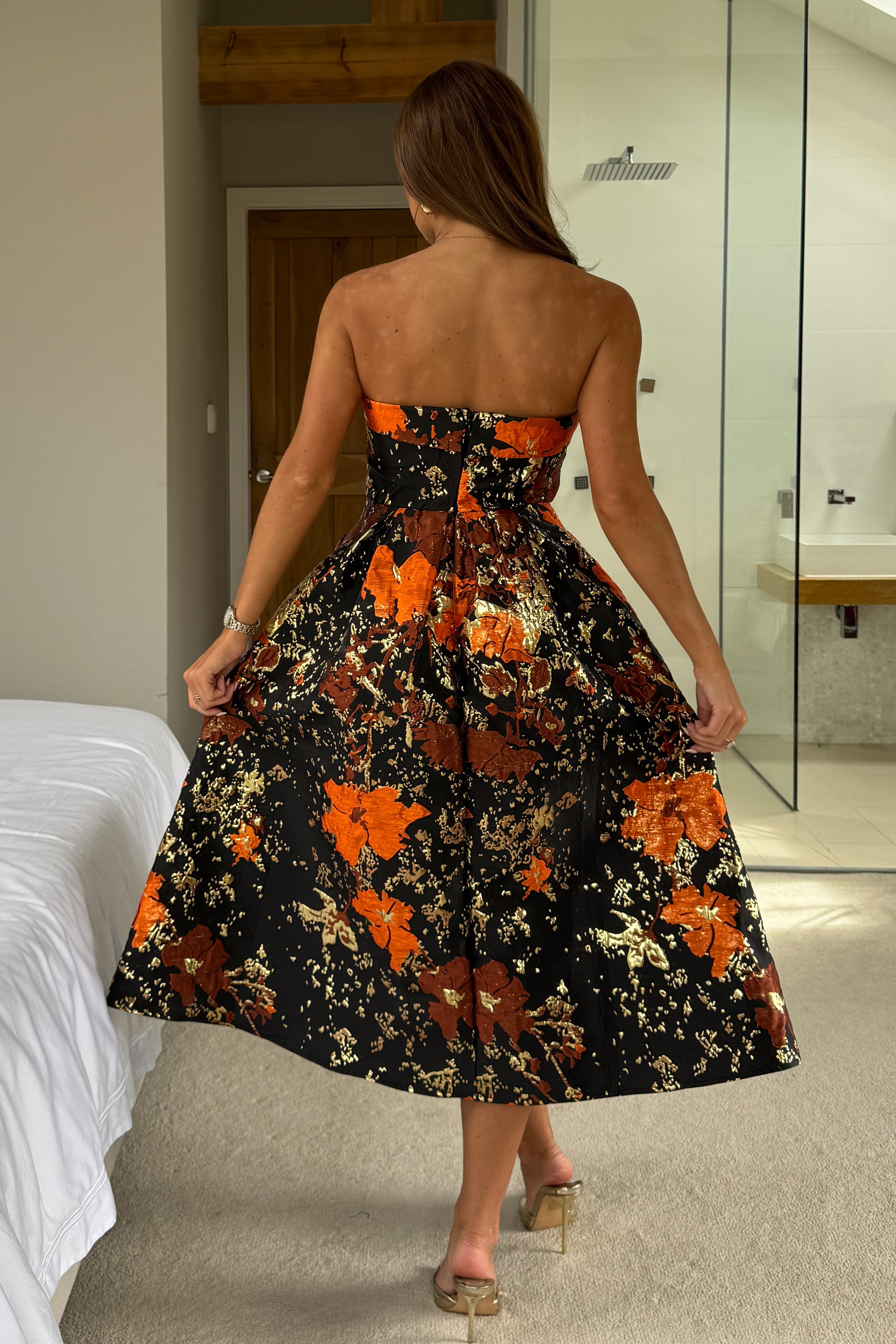 Danni Strapless Bandeau Midi Dress Black And Gold