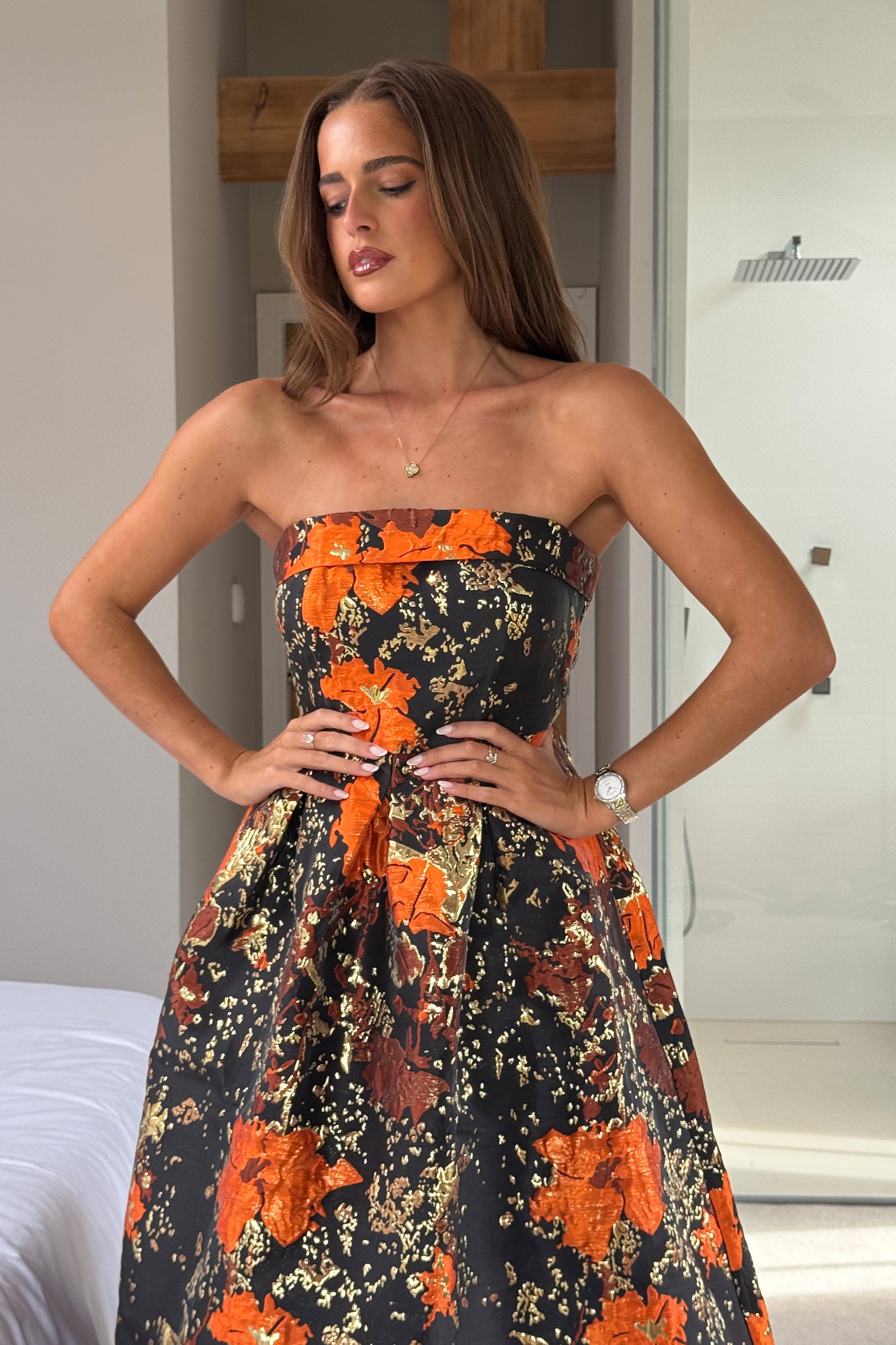 Danni Strapless Bandeau Midi Dress Black And Gold
