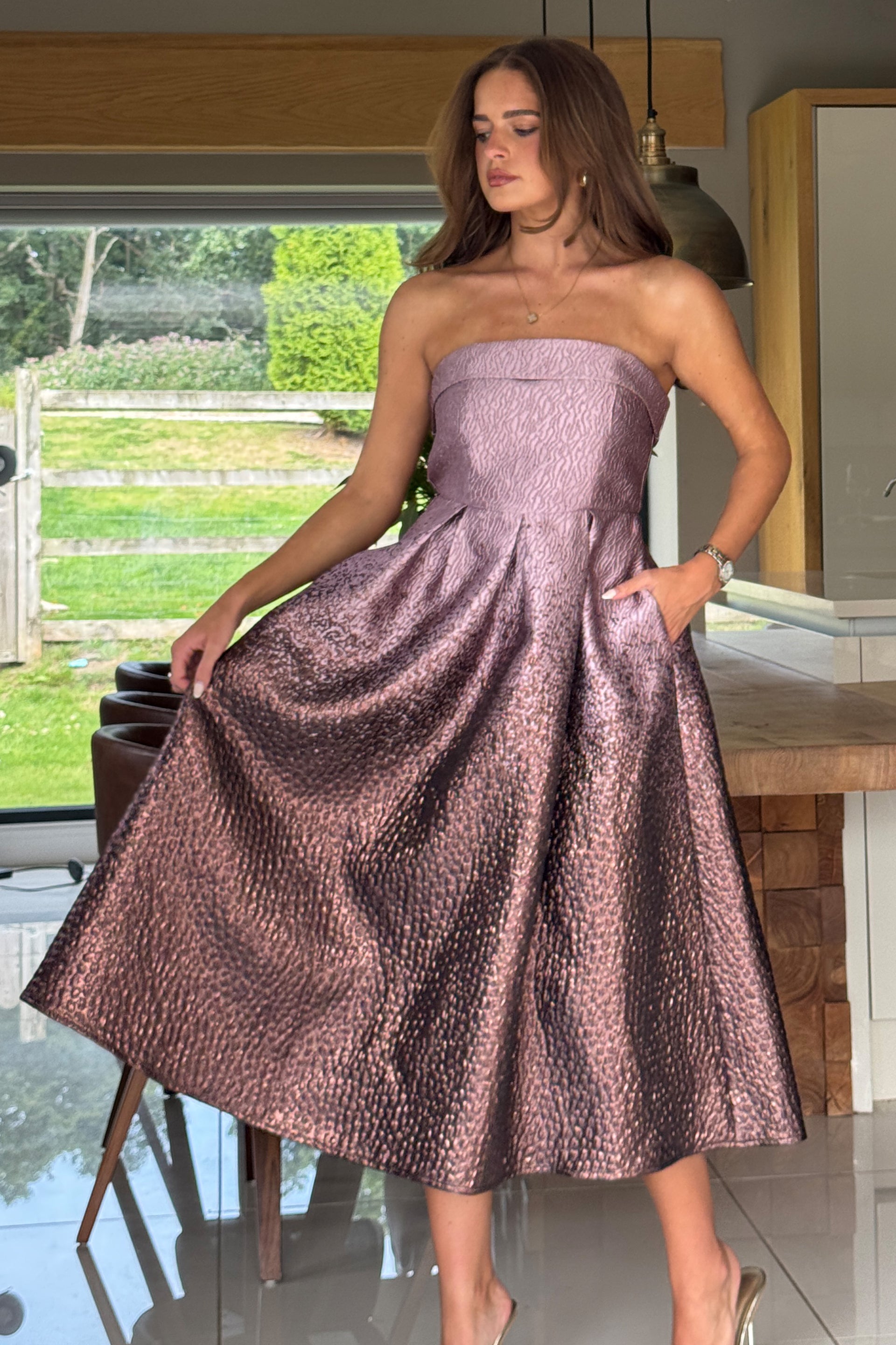 Danni Strapless Bandeau Midi Dress Lilac Ombre
