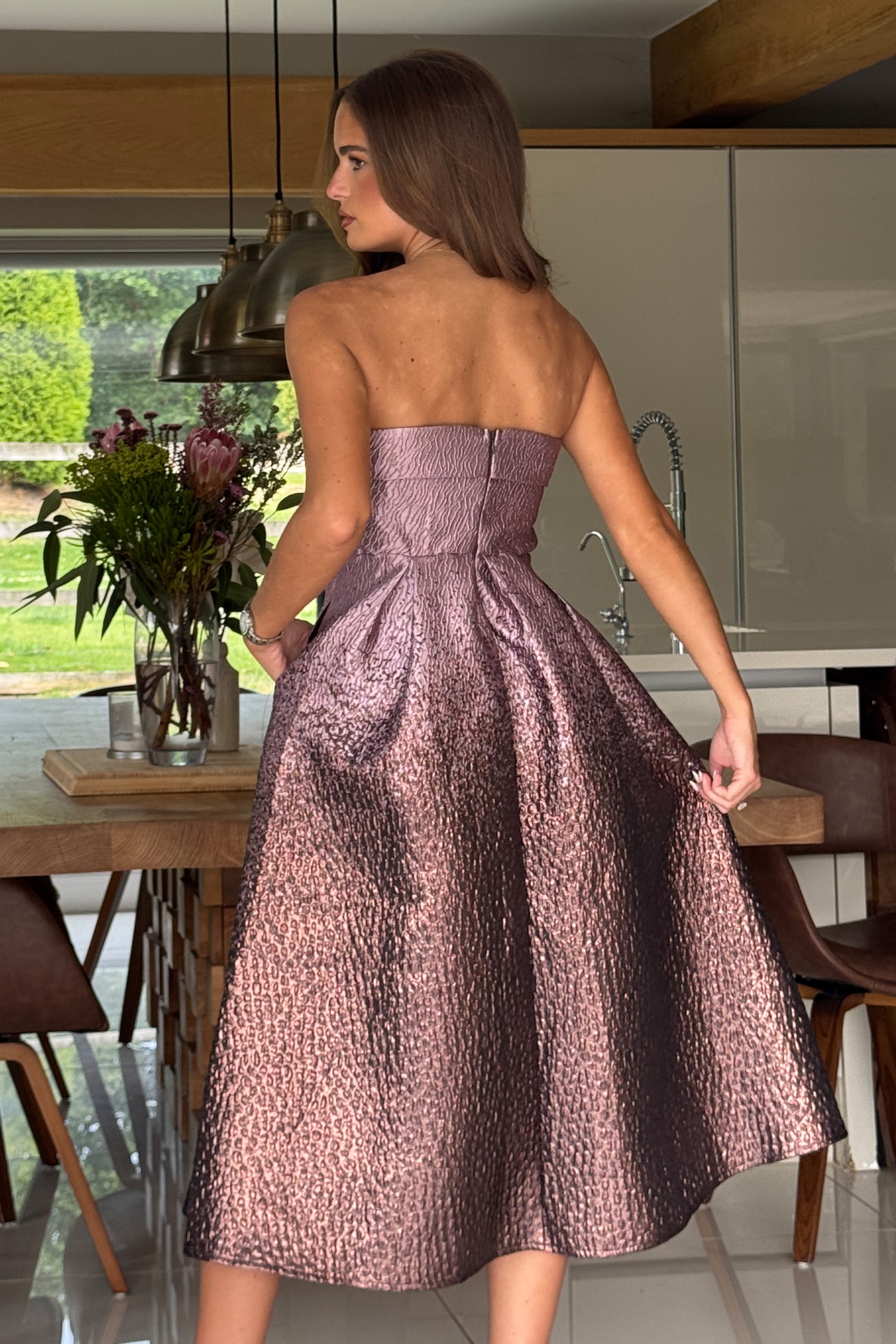 Danni Strapless Bandeau Midi Dress Lilac Ombre