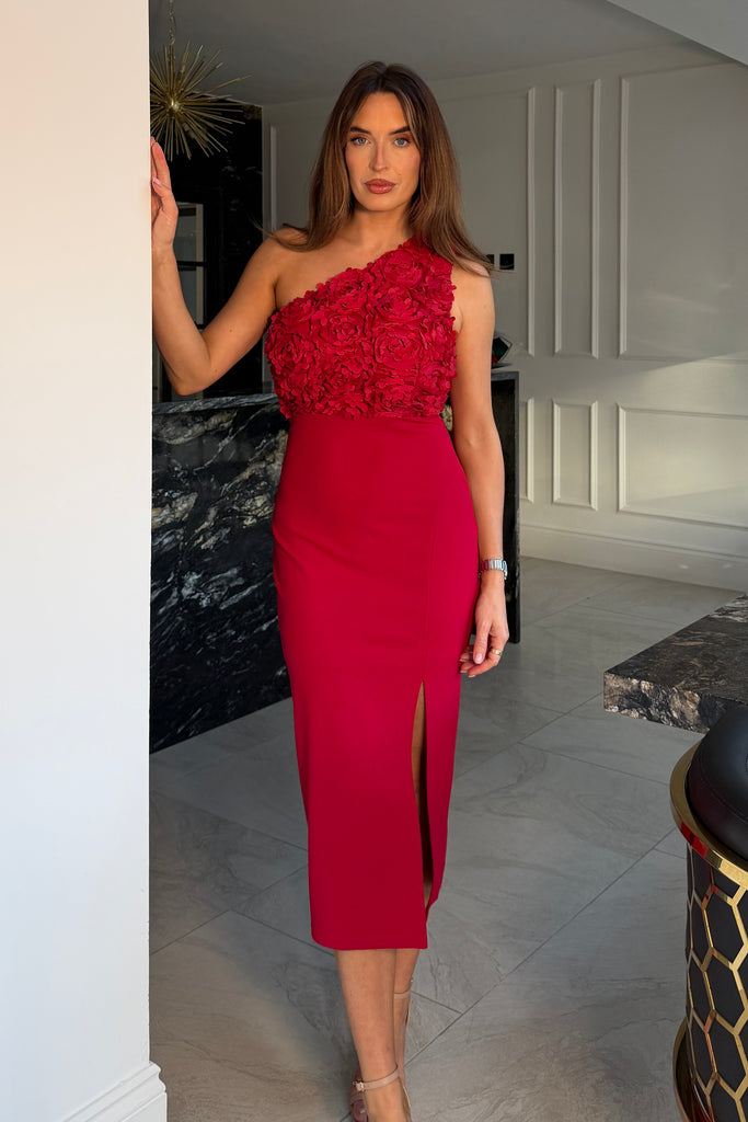 dewdrop floral red one shoulder midi dress Red Dewdrop Floral One Shoulder Midi Dress