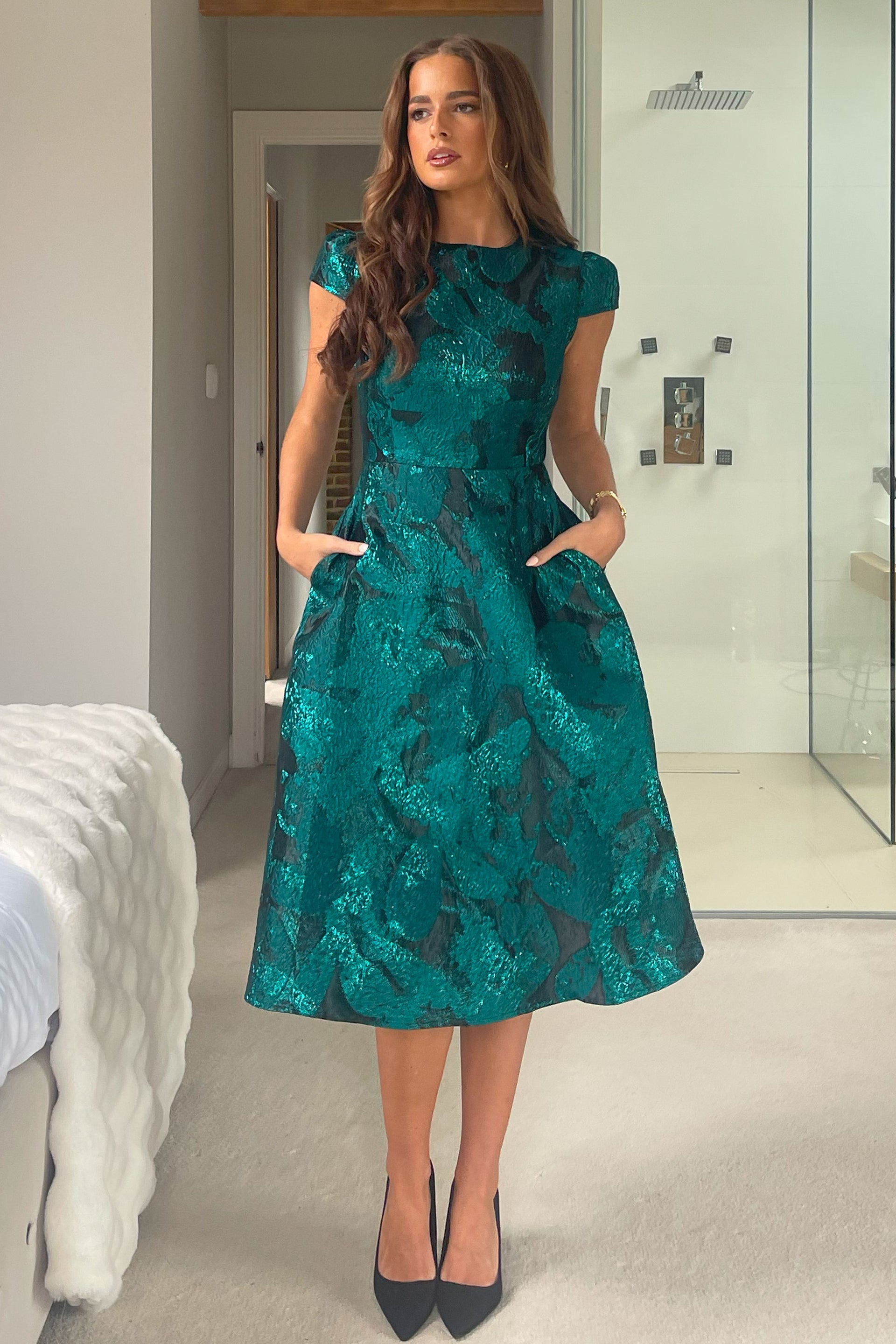 Lara Floral Jacquard High Neck Midi Dress Green