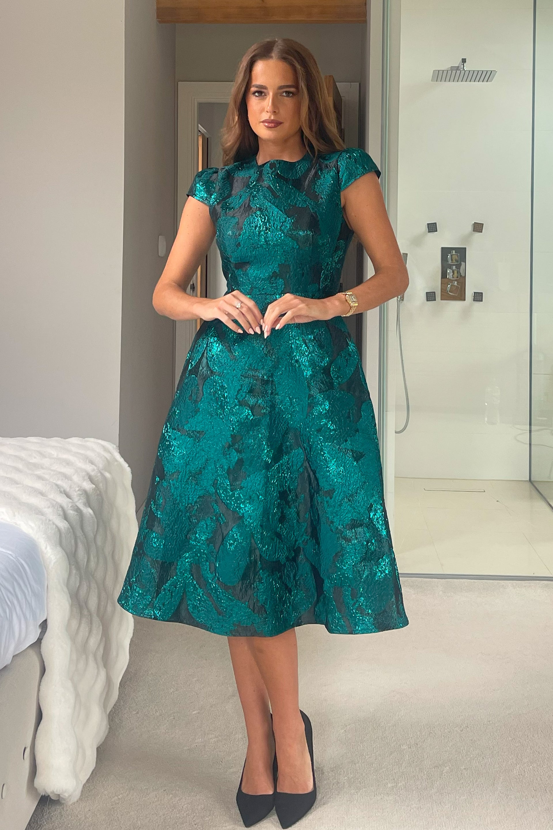 Lara Floral Jacquard High Neck Midi Dress Green