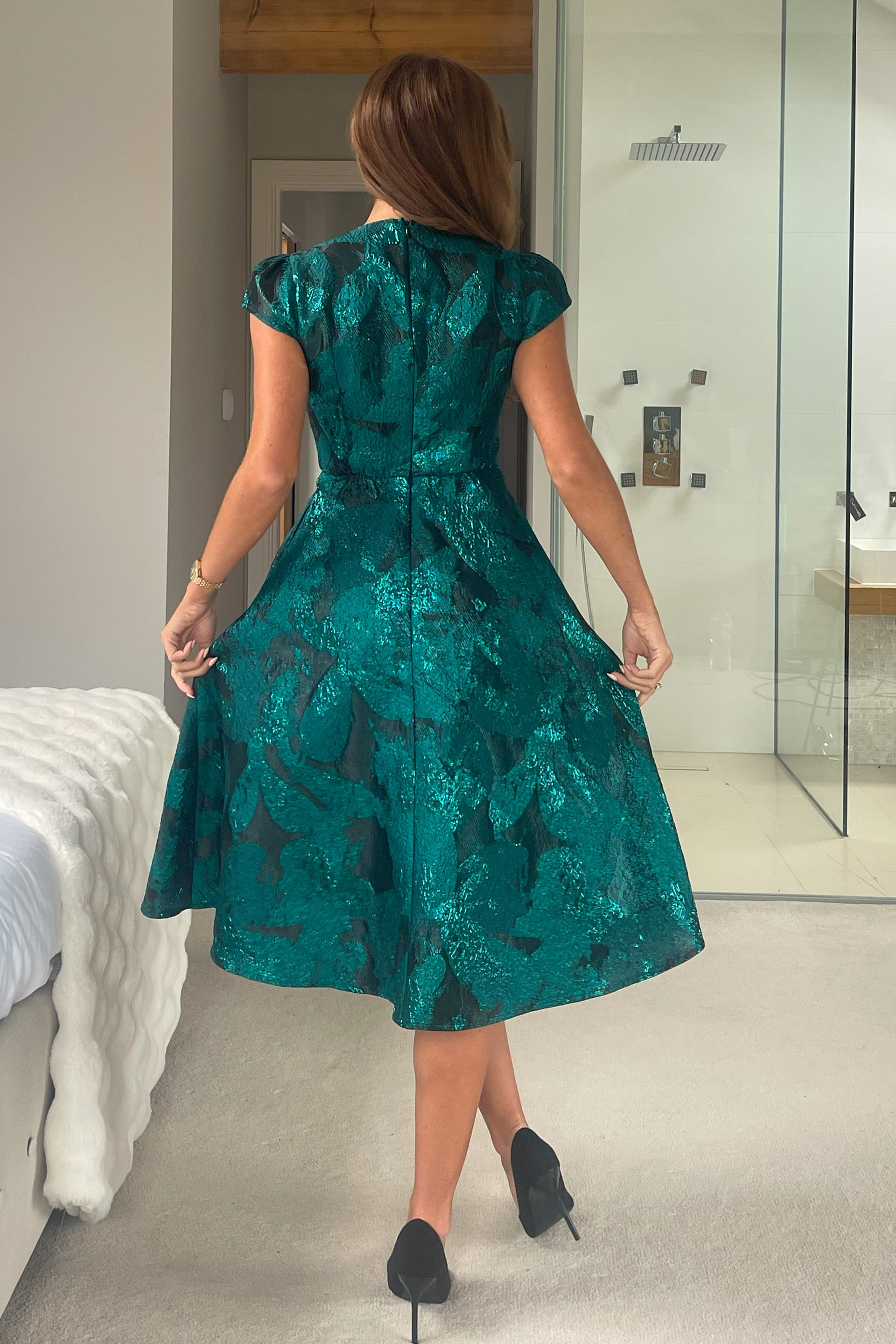 Lara Floral Jacquard High Neck Midi Dress Green