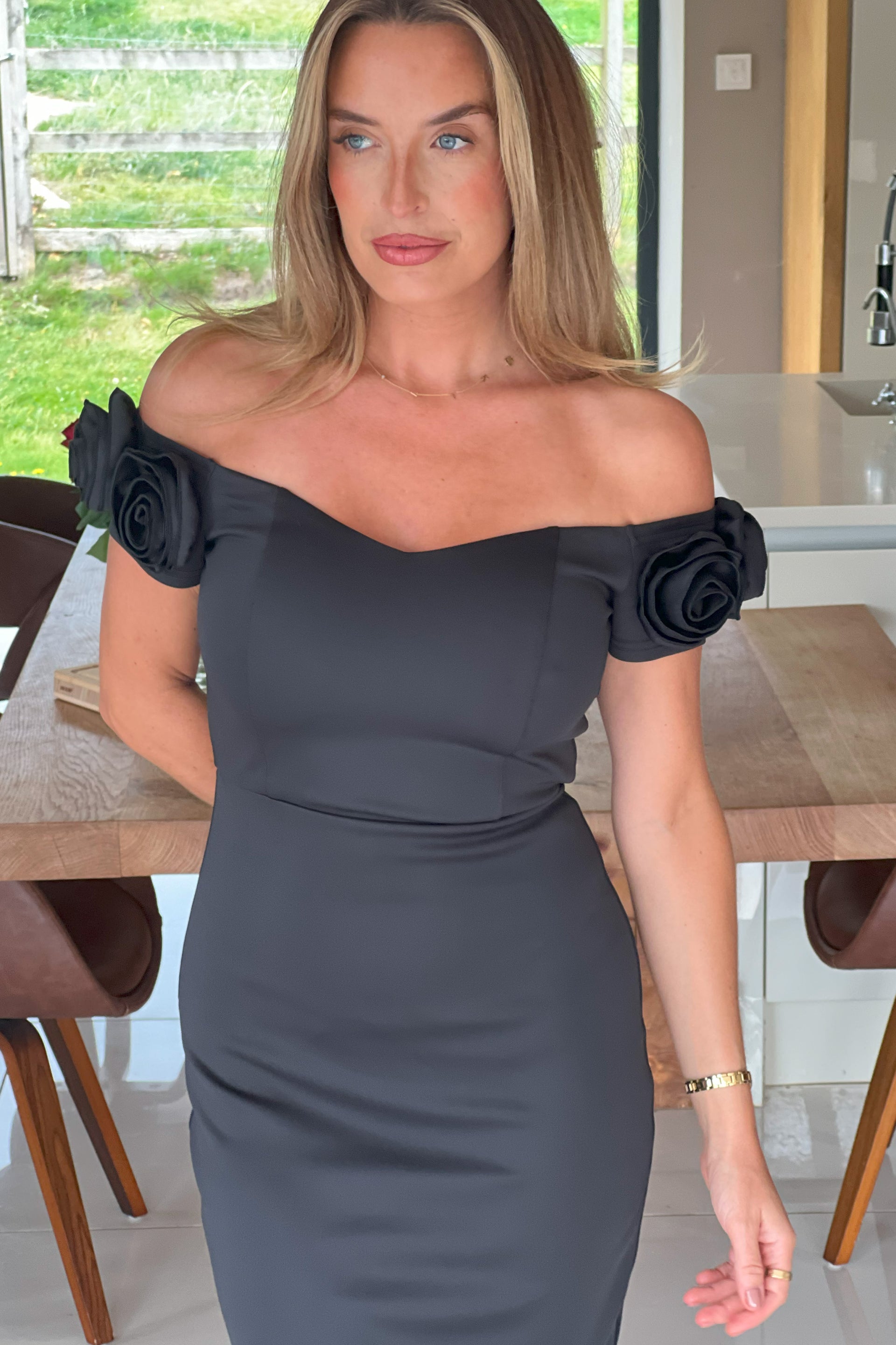 Alice 3D Floral Detail Off The Shoulder Midi Dress Black