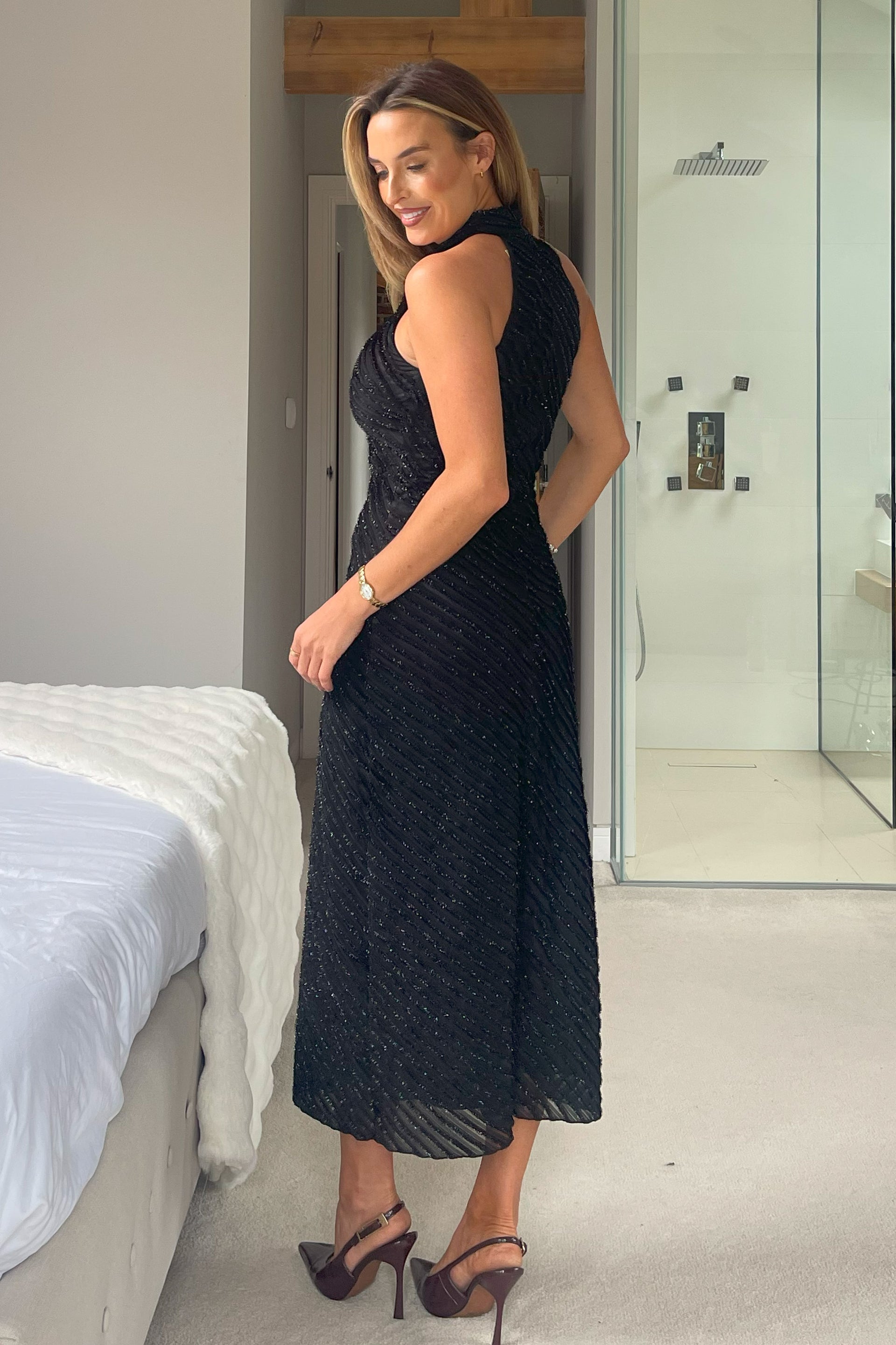 Mira Halterneck Shimmer Midi Dress Black