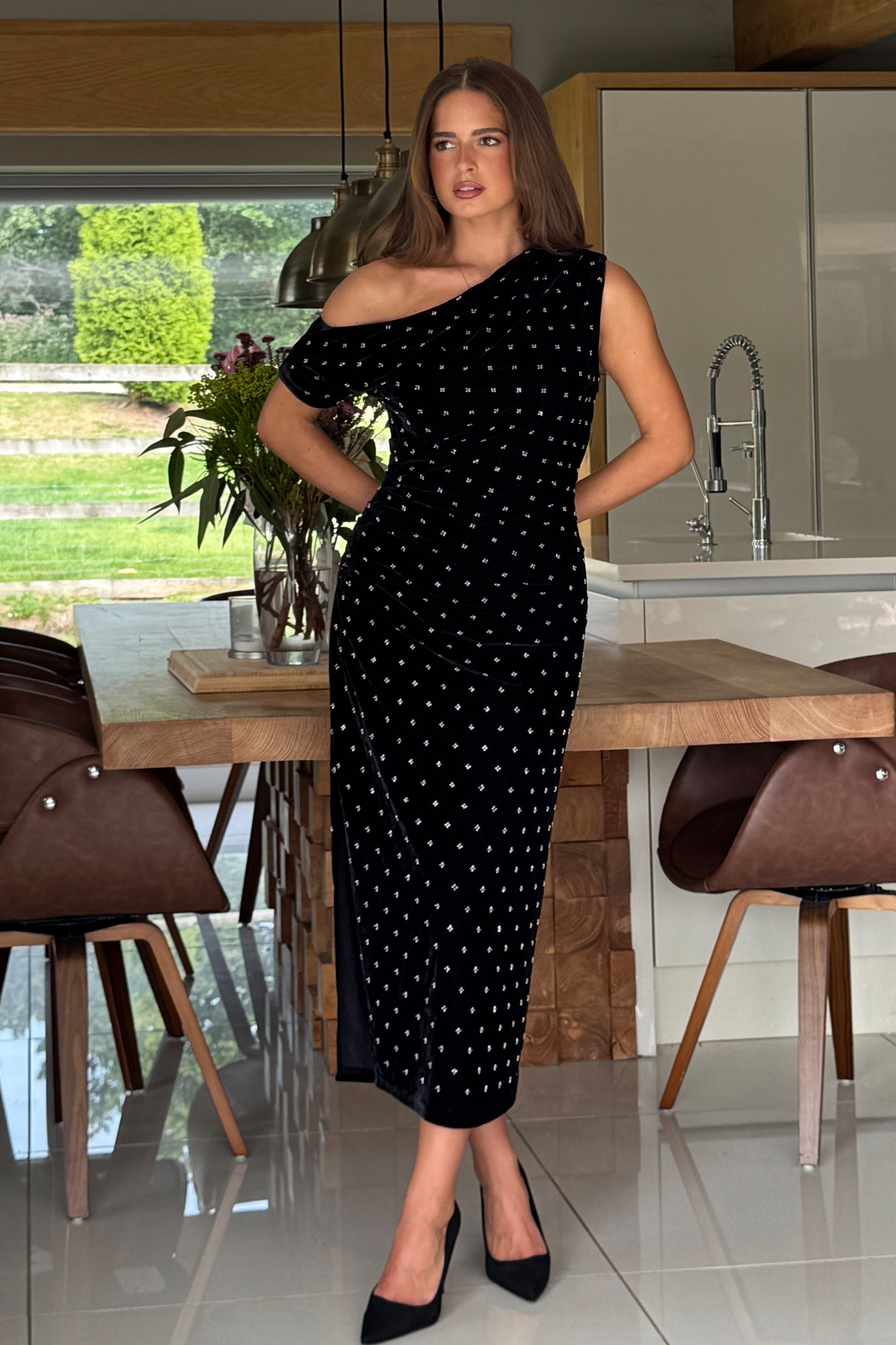 Donna Asymmetric Neckline Midi Dress Beaded Velvet