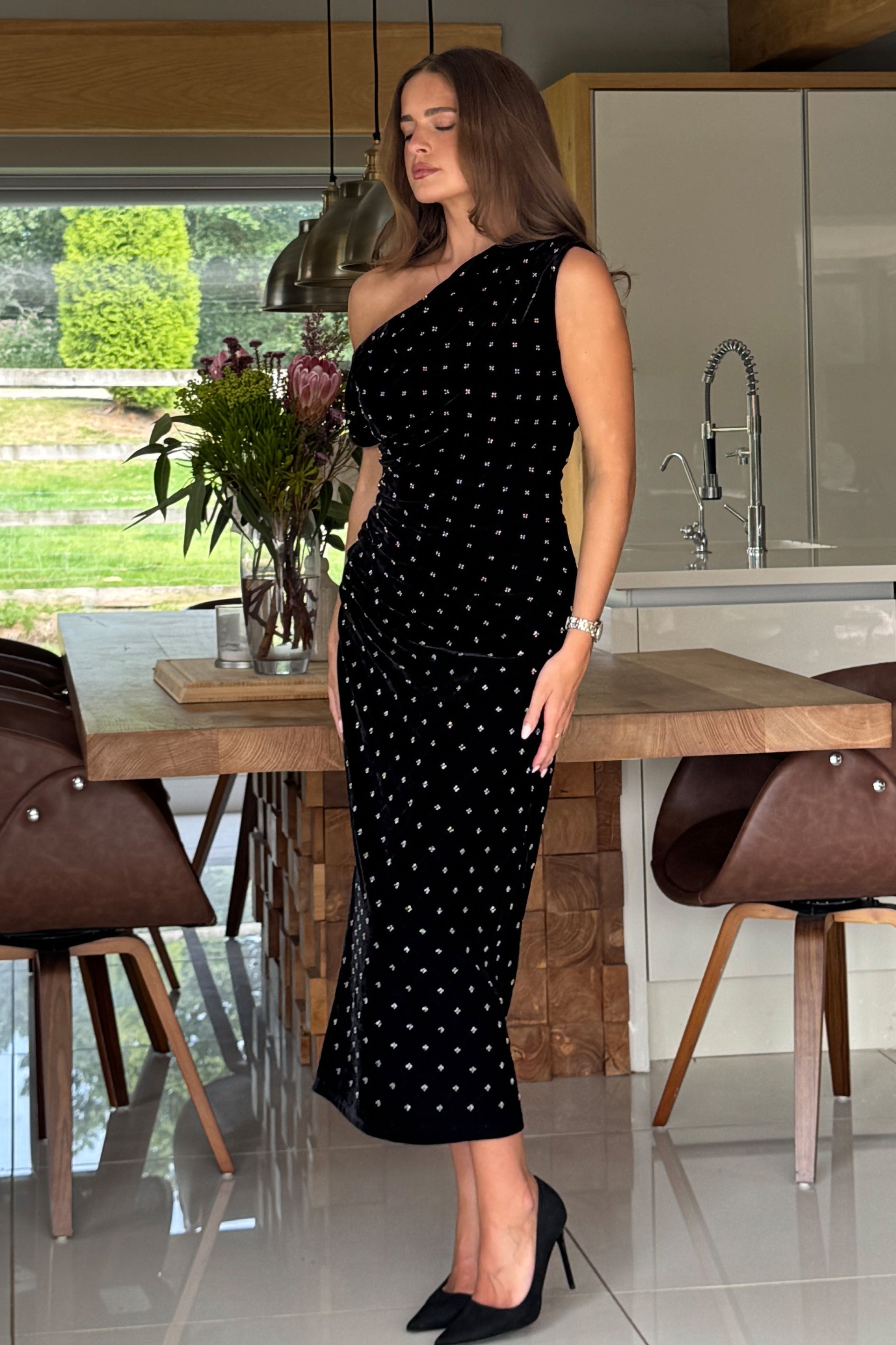 Donna Asymmetric Neckline Midi Dress Beaded Velvet